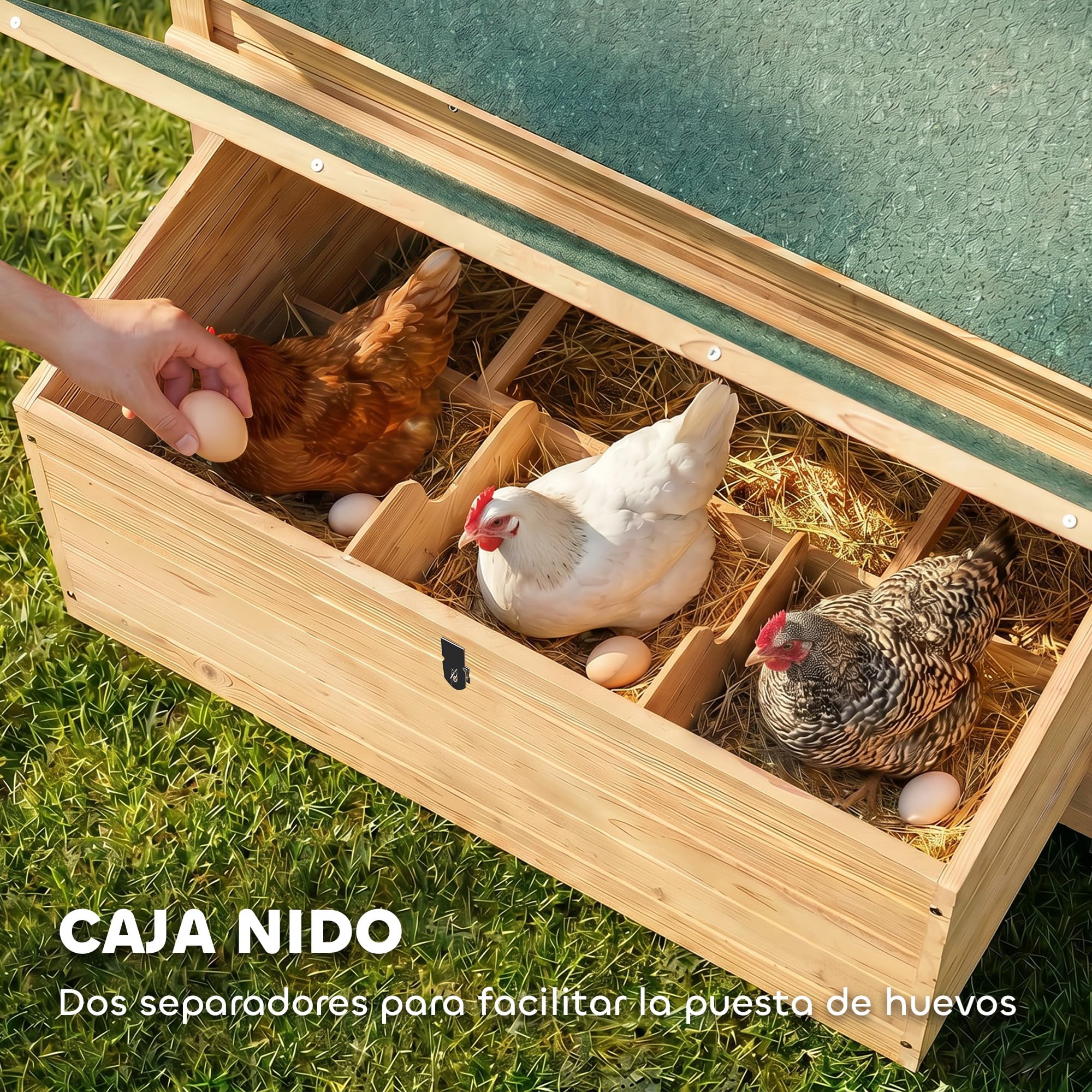 PawHut Gallinero de Madera para Exterior, 2 Nidos, Bandeja Extraíble, Techo Impermeable, 150x100x96,5 cm, Amarillo