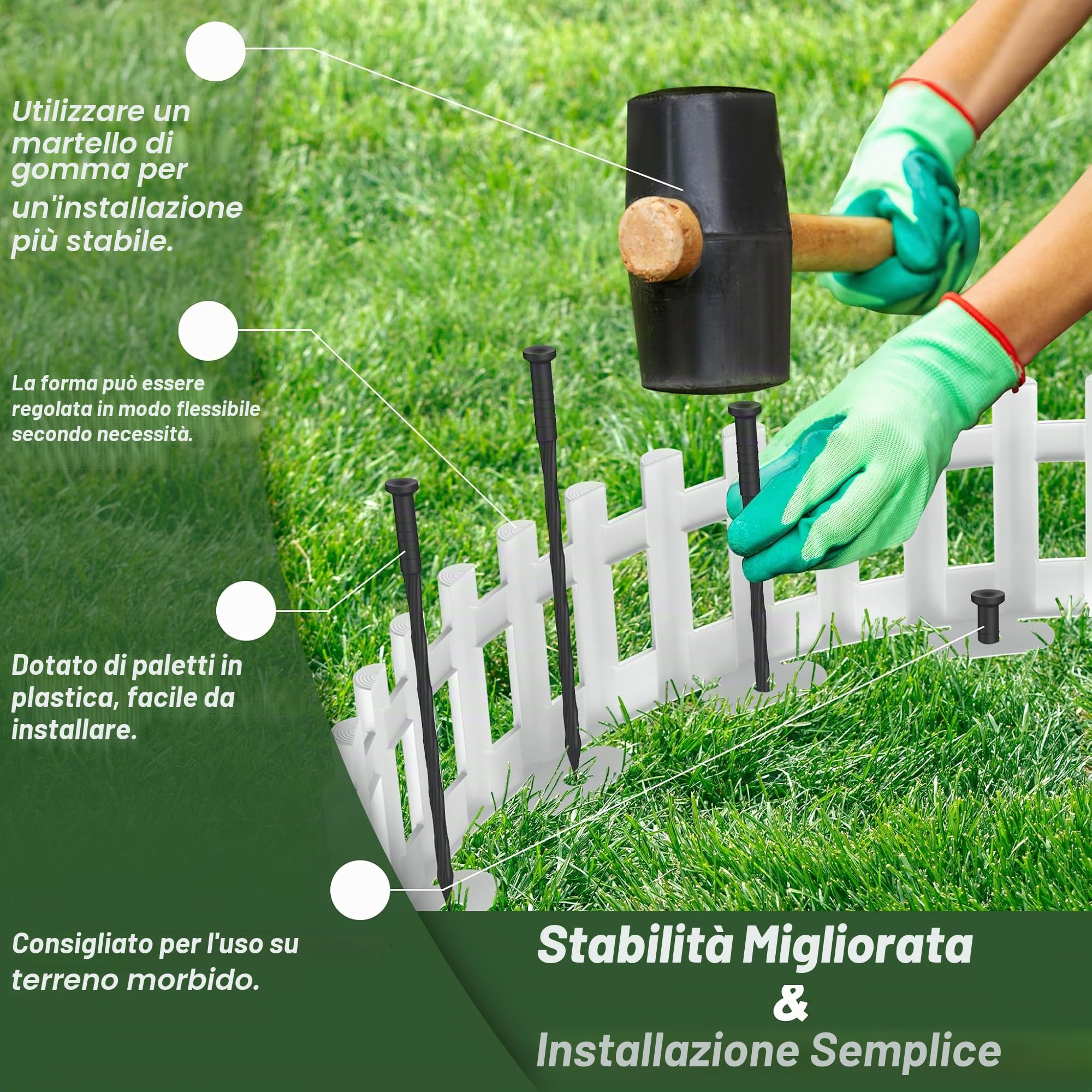 FIVMEN Bordo per prato in plastica 43x12 cm, recinzione per aiuola, delimitazione con chiodi a terra, recinzione flessibile per aiuola, recinto per giardino, 6 pezzi, bianco