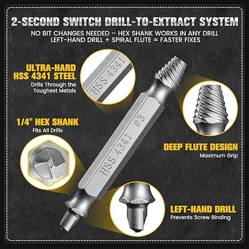 Miniatura 3 de Juego de 6 extractores de tornillos dañados, #0 - #4, brocas para mano izquierda fácil de sacar y extractores de flauta en espiral para pernos