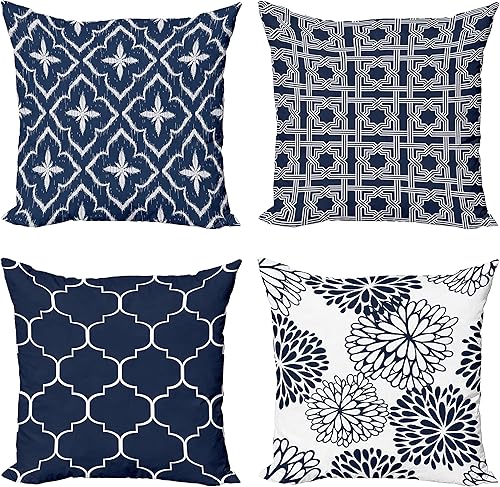 Ambesonne Paquete de 4 fundas de cojín vintage, malla de cuadrícula medieval, adornos de celosía étnica y flores de dalia, acento moderno de