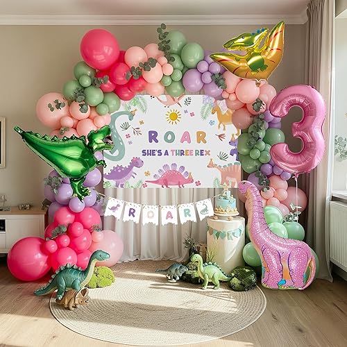 Kit de arco de guirnalda de globos de dinosaurio, rosa pastel, verde y morado con globo de mylar del número 3, pancarta y telón de fondo para niñas,