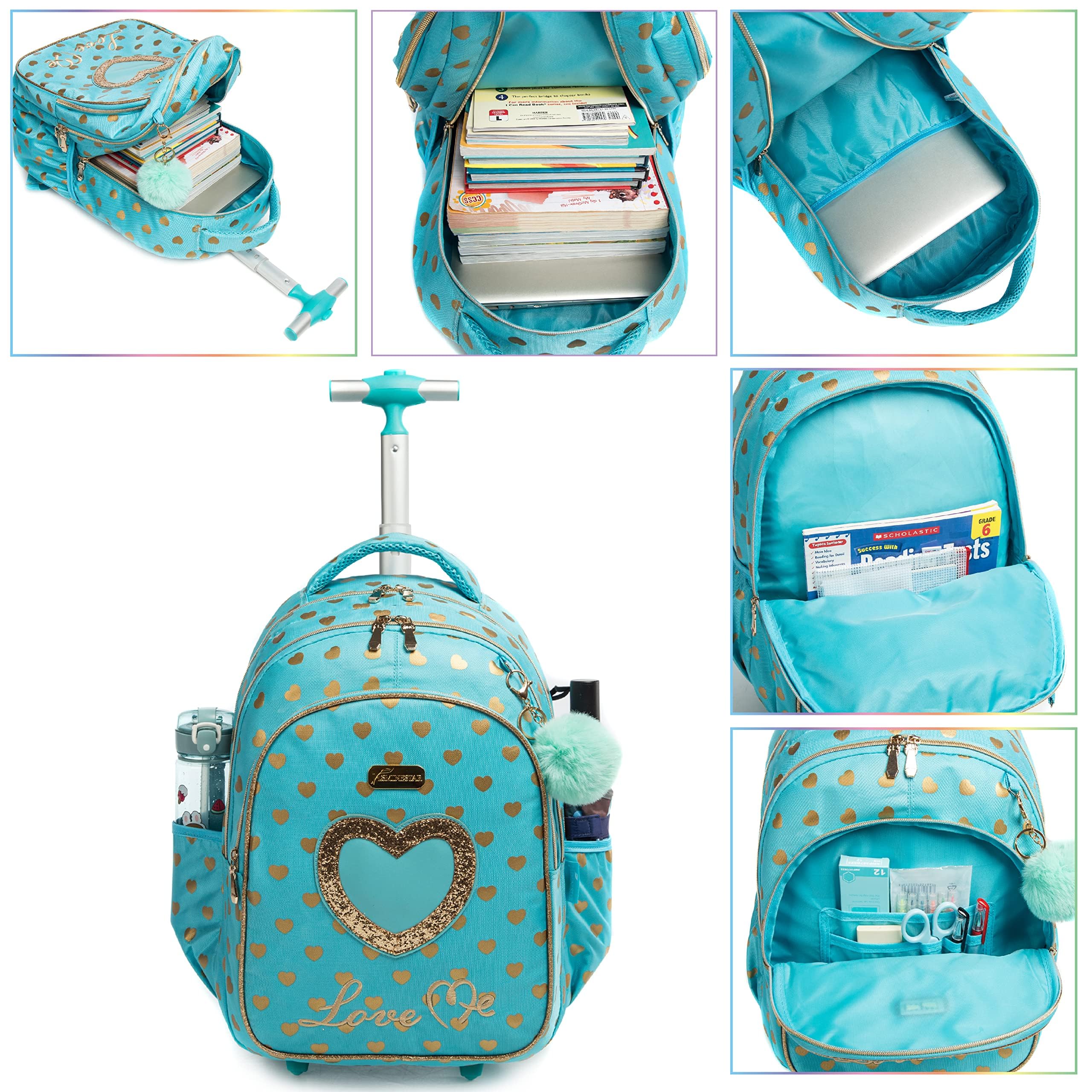 HTgroce Schulranzen mit Rollen für Mädchen, Kinderrucksack mit Rollen Trolley Schulrucksack für Mädchen,Schultrolley Rucksäcke Kinder Schulrucksack Schultasche mit Rollen