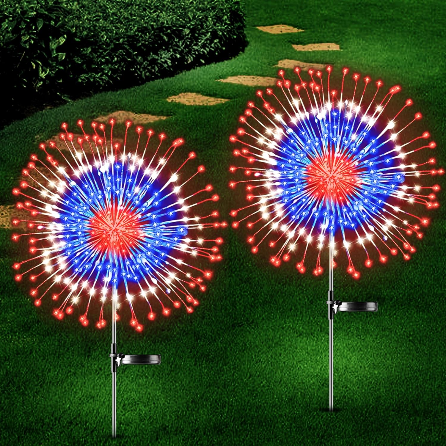 4th of July Decorations Outdoor Solar Lights, 2 Pack Fourth of July Red White and Blue Patriotic Decorations, Outdoor Solar Firework Fairy Lights with 180 LED 8 Modes for July 4th Decor