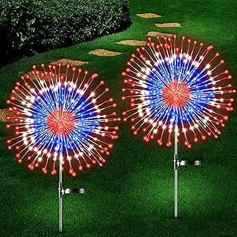 4th of July Decorations Outdoor Solar Lights, 2 Pack Fourth of July Red White and Blue Patriotic ...