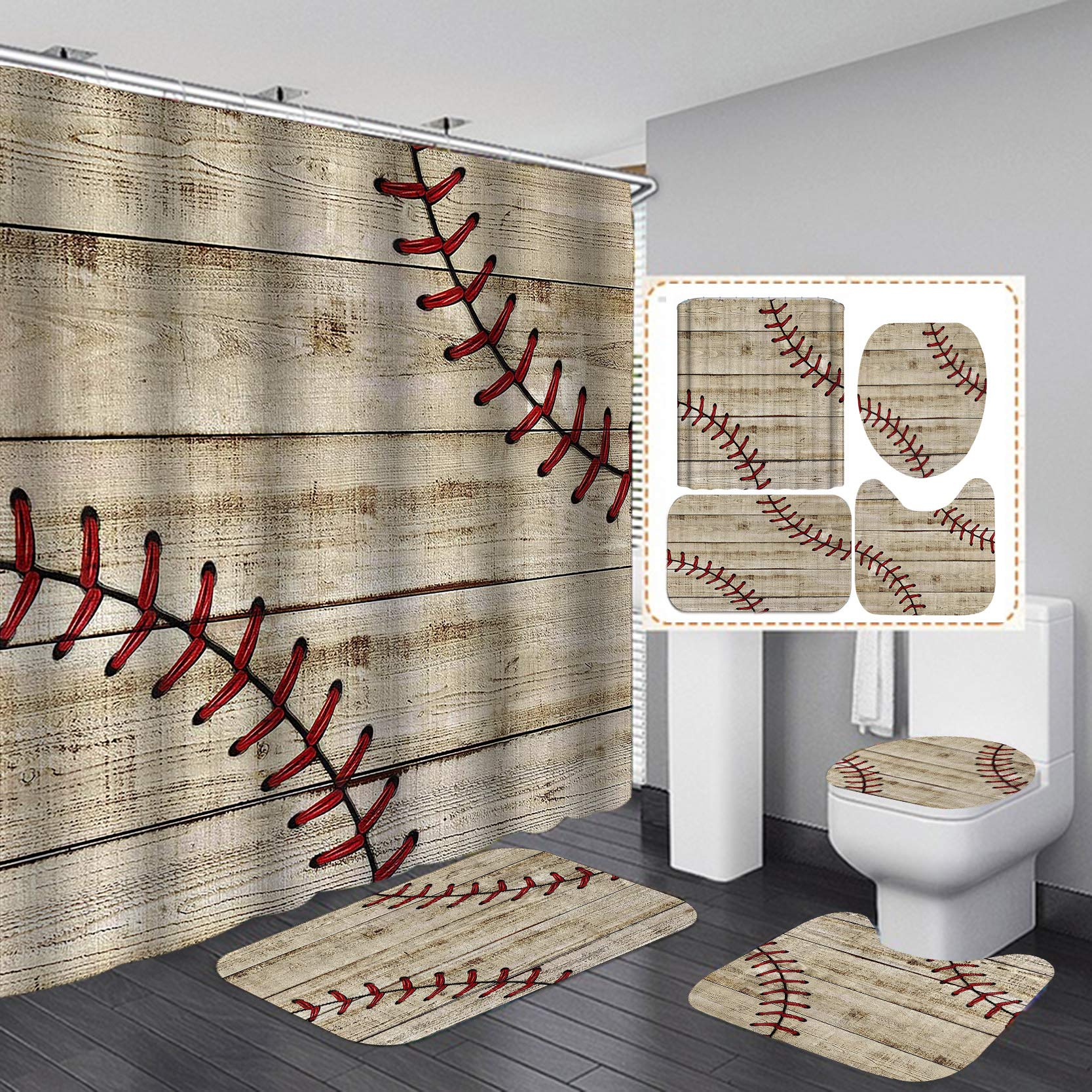 Jayden&Madge 4PCS/Set Rustic Baseball Fabric Shower Curtain, American Sports Vintage Country Beige Wooden Plank Board Bathroom Decor, Non-Slip Bath Rugs Soft Toilet Carpet, for Men, Baseball