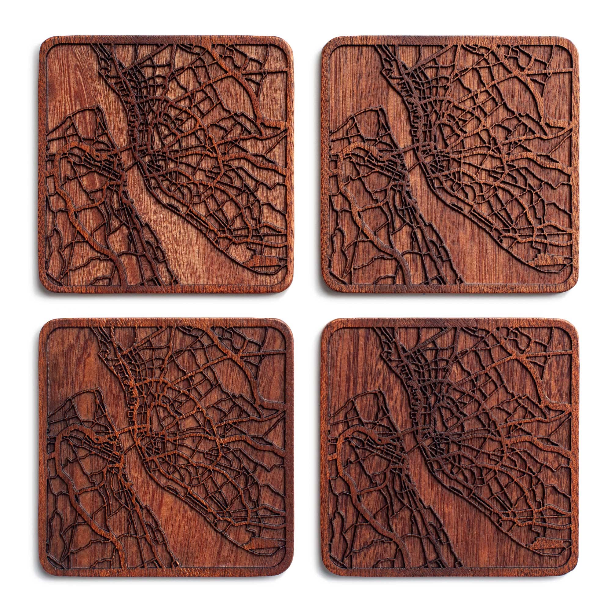 O3 Design Studio Liverpool Map Coaster, Set Of 4, Sapele Wooden Coaster With City Map, Multiple City Optional, Handmade