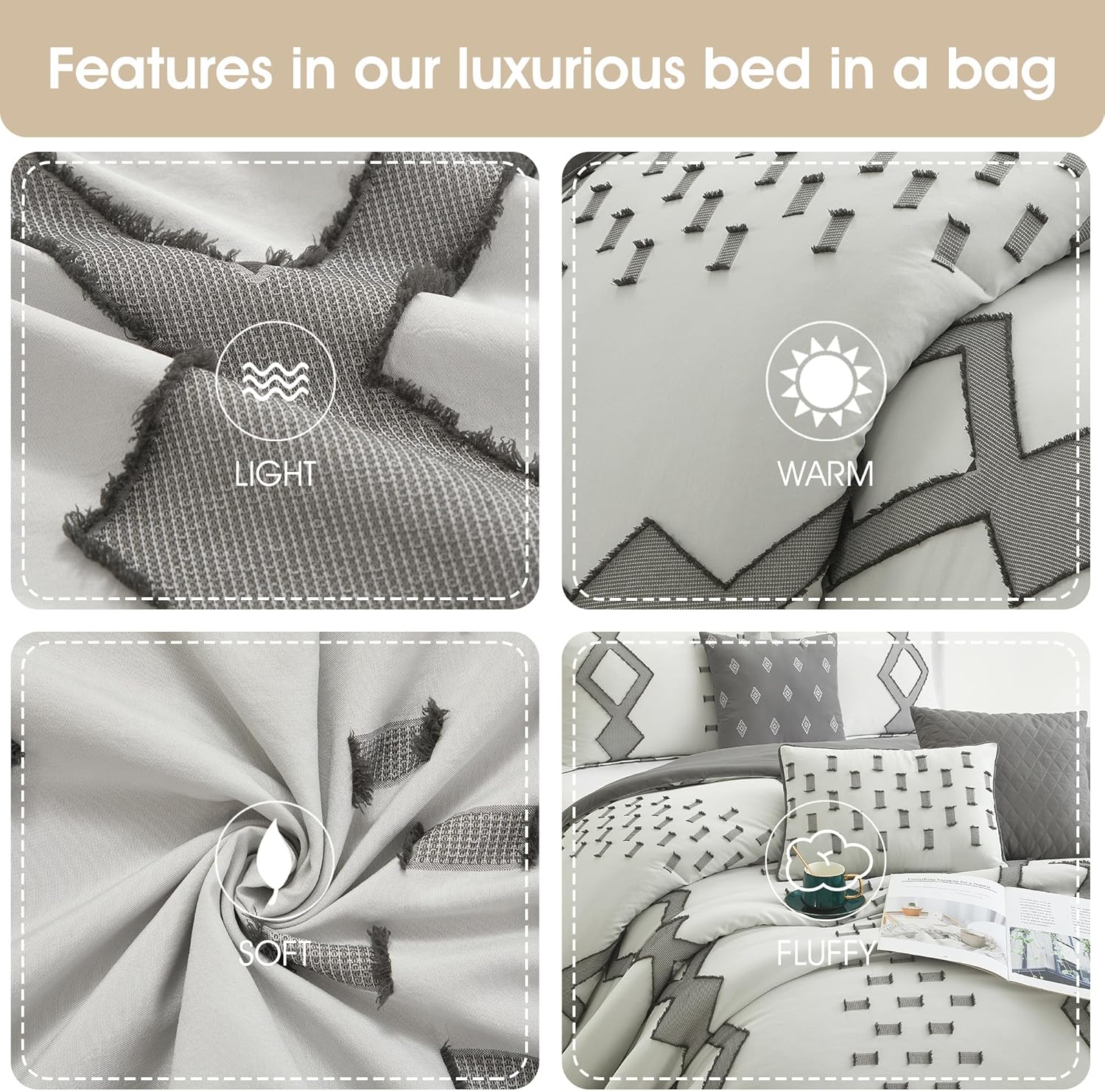 Stratford Park 7 Piece White Grey Comforter Set, King Size Clipped Bedding Set, All Season Geometric Bedding, Matching Pillows, Shams, Bed Skirt