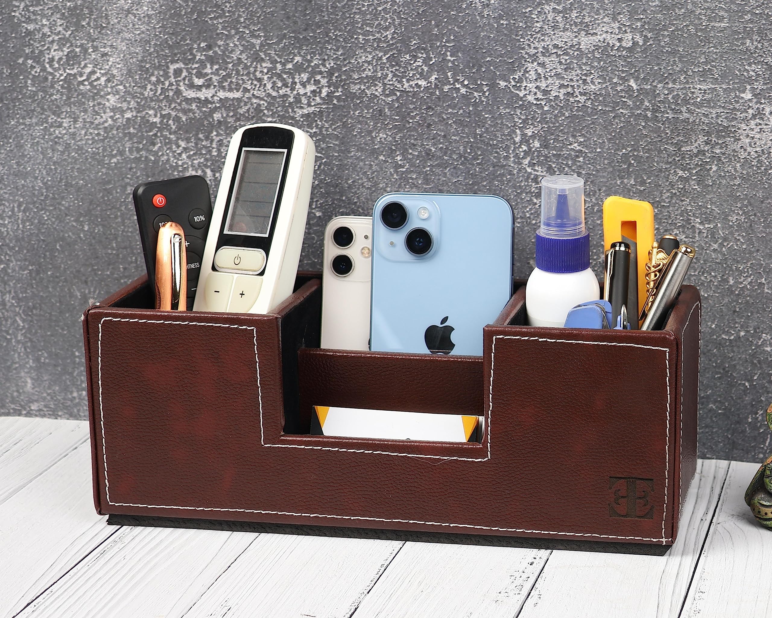 Each and Everything Compact Desk Organiser Faux Leather Rectangular Stylish Design Use for Storage | Home | Office | Kitchen | Make Up | Card | Mobile | Stationary | Desk Supplies (Brown)