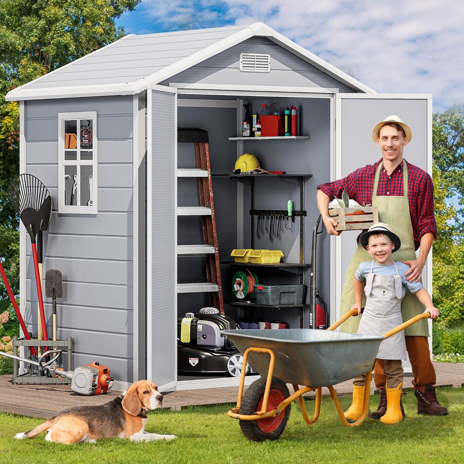 DWVO 6x4 FT Resin Storage Shed with Reinforced Floor, Outdoor Storage Shed with Lockable Door, Window and Vents, Waterproof Plastic Tool Storage for Garden, Backyard, Patio, Lawn(Blue-Gray+Black) DWVO 6x4 FT Resin Storage Shed with Reinforced Floor, Outdoor Storage Shed with Lockable Door, Window and Vents, Waterproof Plastic Tool Storage for Garden, Backyard, Patio, Lawn(Blue-Gray+Black)