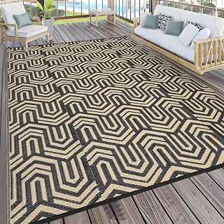 Outdoor Rug 8x10 Waterproof Patio Rugs Abstarct Line Reversible Mat for Front Door Rv Foldable Plastic Straw Carpet for Travel Trailers, Deck, Picnic, Camper, Balcony, Beach,Black/Coffee