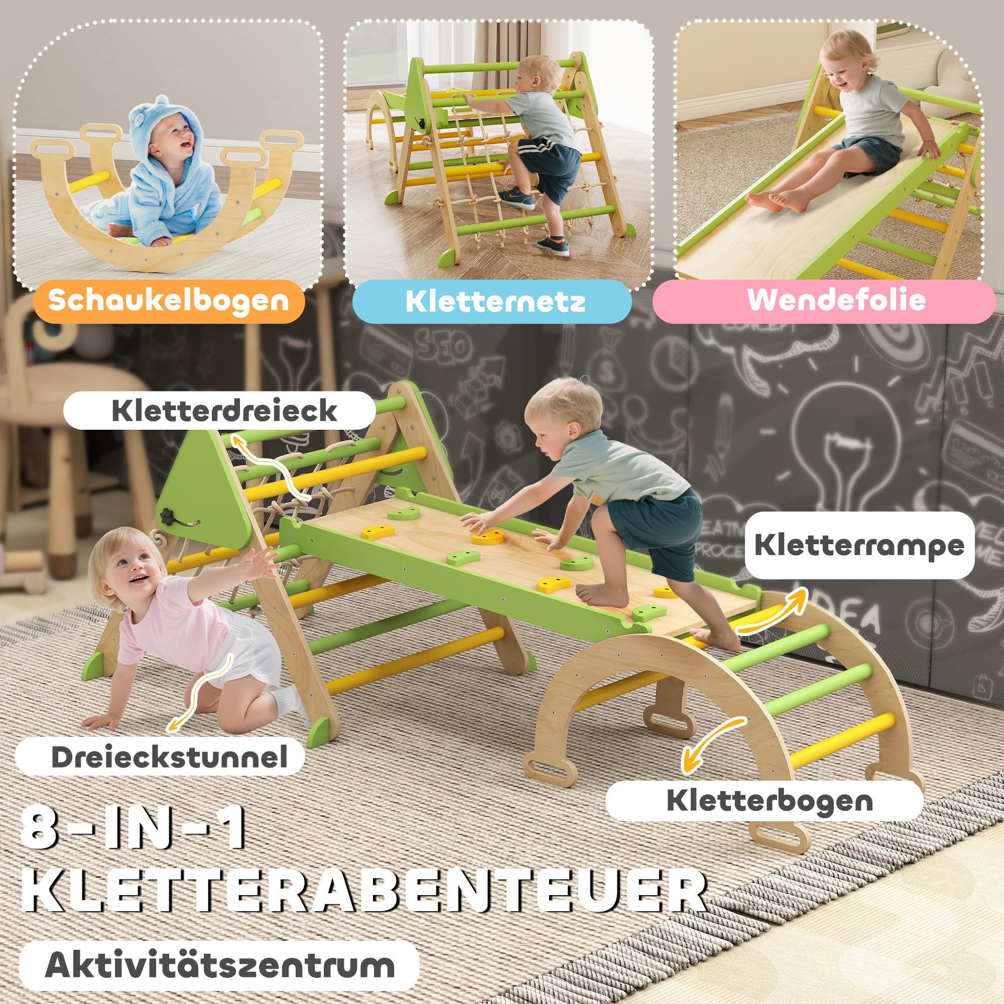 AIYAPLAY Montessori 8 en 1 Arco de escalada de madera para interiores, triángulo de escalada con arco de escalada, tobogán de doble cara, parque infantil para niños pequeños y niños de 1,5 a 4 años