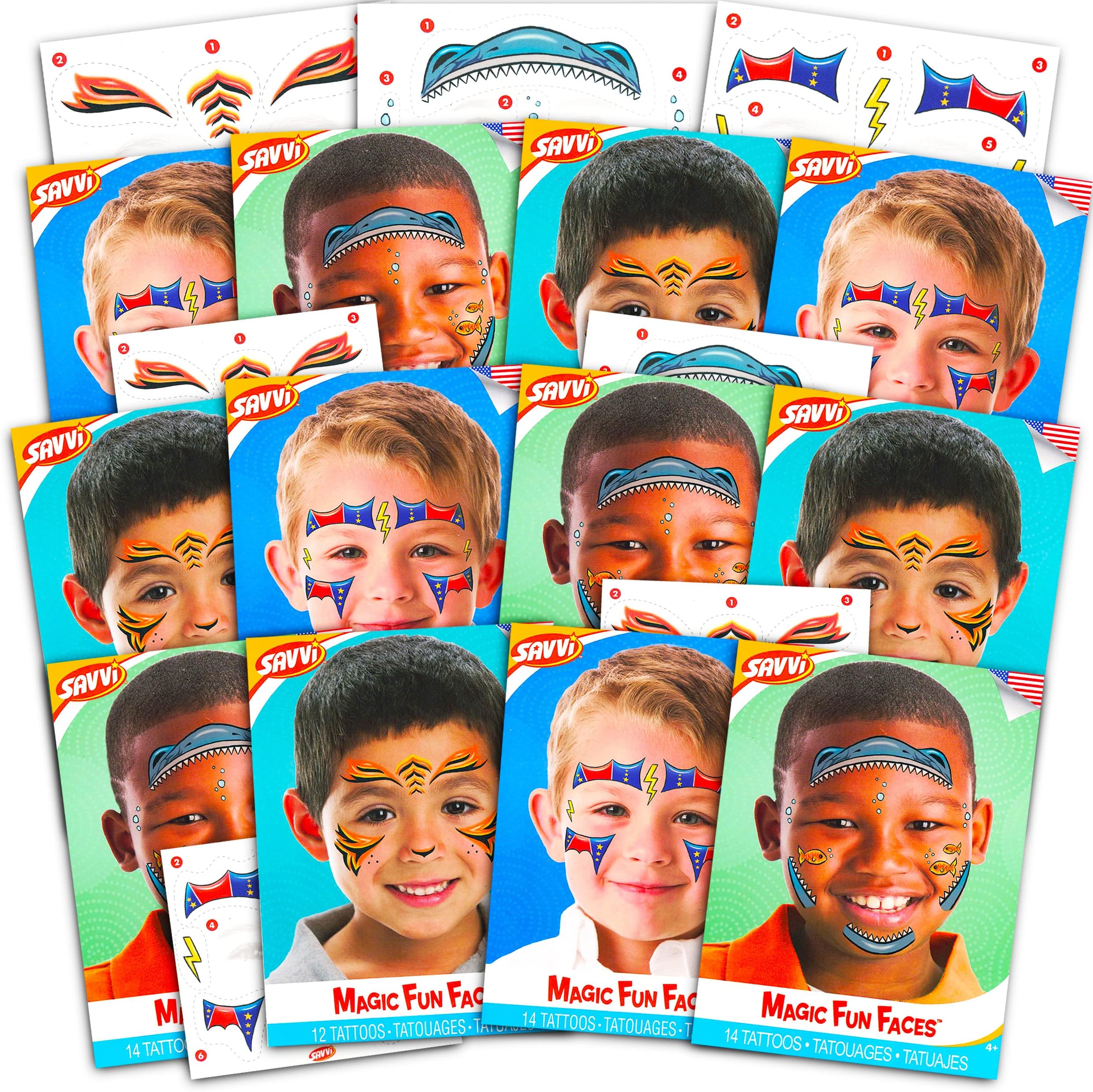 Face Art Tattoos for Kids Halloween Painting Party Favors ~ 12 Pack Animal Tigers, Sharks, and Superheroes Temporary Tattoos for Kids | Summer Party Paint Costume Accessories