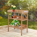 Outsunny Banc de potage extérieur, Table de poting en bois avec étagère de stockage, Plateau en métal, Crochets pour jardin, Patio, Balcon, Naturel
