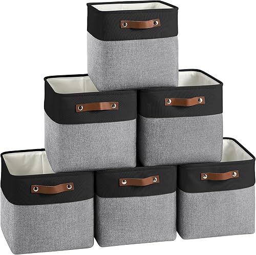 Miniatura 10 de Paquete de 6 cestas de almacenamiento en forma de cubo, cubos de almacenamiento de 11 x 11 pulgadas con asas de cuero para estantes y clósets