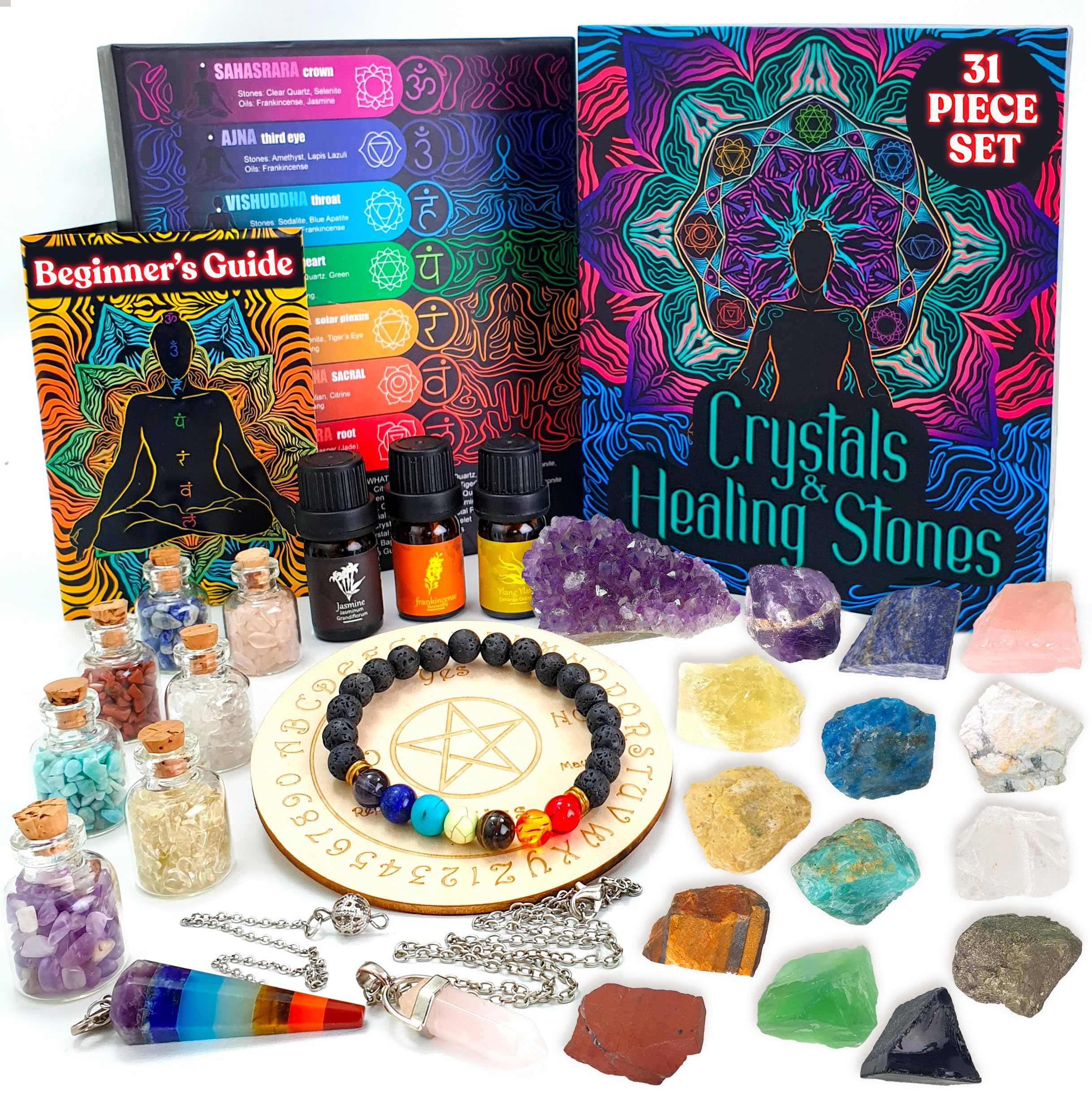 Crystals and Healing Stones Set 31Pcs - Healing Crystals & Stones - 14 Real Raw Chakra Rocks, 7 Gemstones Bottles, 3 Essential Oils,Pendant Necklace, Pendulum Board, Amethyst Cluster, Bracelet & Guide