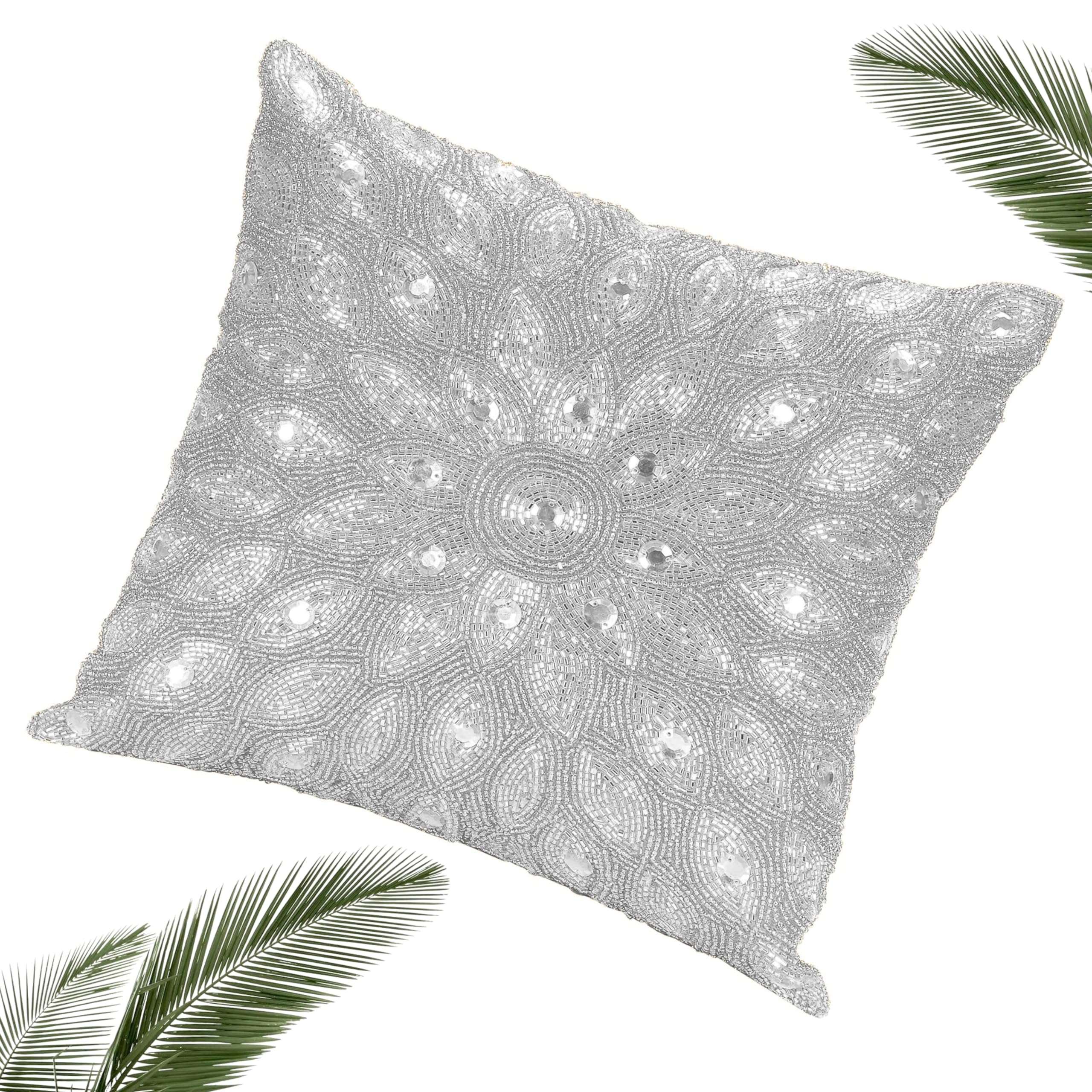 Lightnpro Handwoven Silver Pillow Cover - 12x12 Inch, Handmade Luxury Soft Peacock Design Decorative Cushion Case for Couch, Sofa, and Bed -