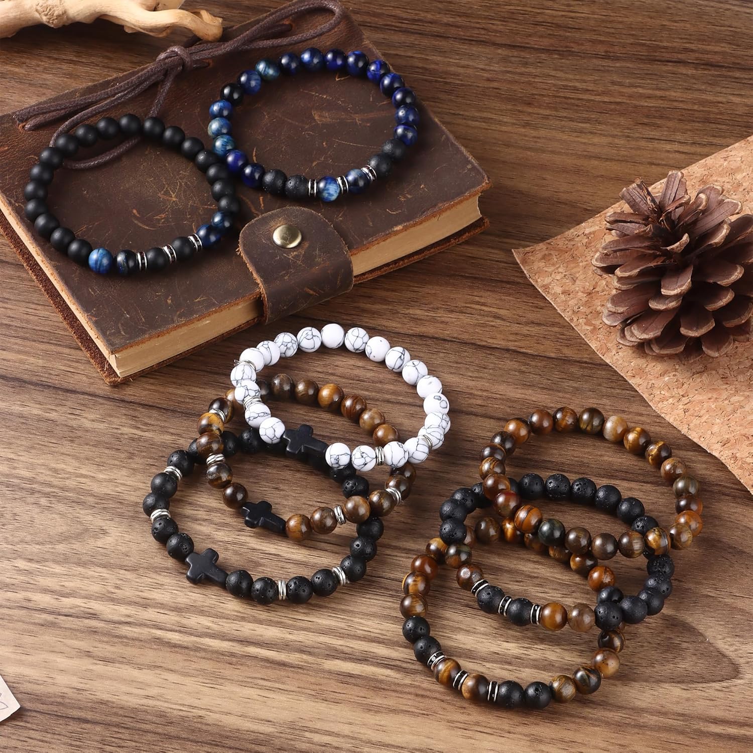 Jewdreamer 12PCS Beaded Bracelets for Men 8MM Tigers Eye Bracelet Natural Stone Crystal Bead Cross Bracelet Adjustable Stretch Christian Bracelets Jewelry Gifts - Image 6