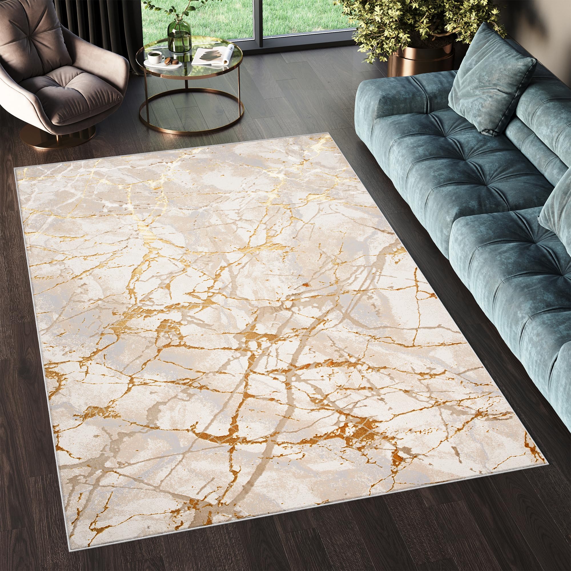 TAPISO Golden Alfombra de Pelo Corto Brillante Suave Diseño Moderno Beige Dorado Alfombra de Salón Dormitorio Habitación Comedor Oficina Oeko-Tex 140 x 200 cm
