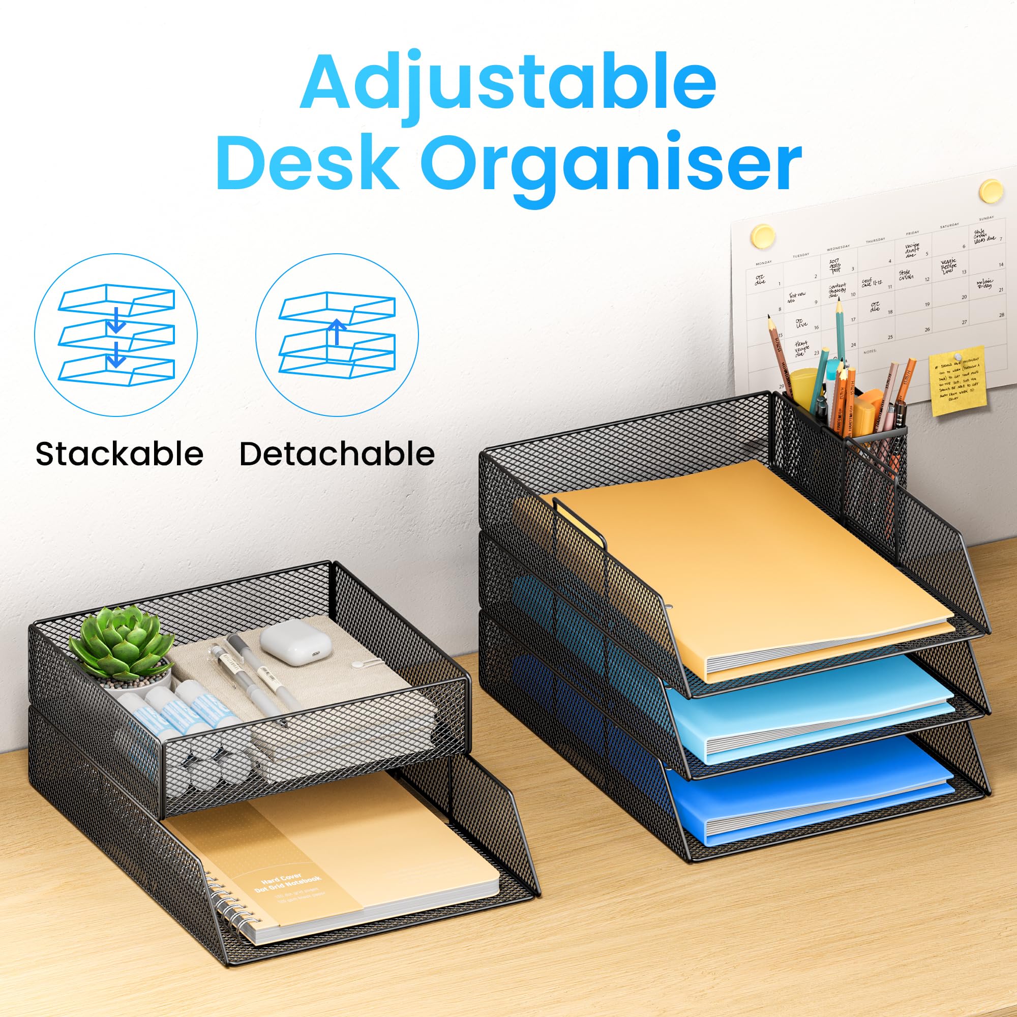 VITVITI Bandeja Apilable de 5 Niveles para Oficina, Organizador de Papeles para Escritorio, Bandejas para Archivos, Accesorios para Escritorio de Oficina con Soporte para Bolígrafos - Negro