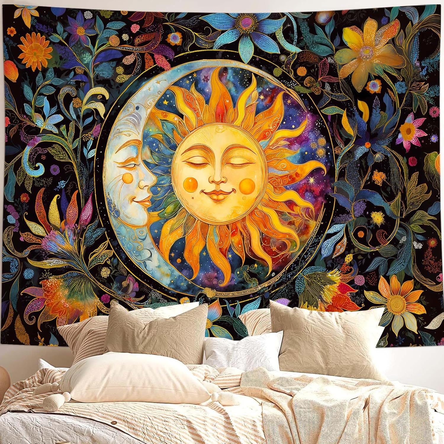 Wegklazax Abstract Sun and Moon Floral Tapestry, Bohemian Hippie Cosmic Wall Art for Room Decor, Artistic Nature Home Decor 90L x 70W
