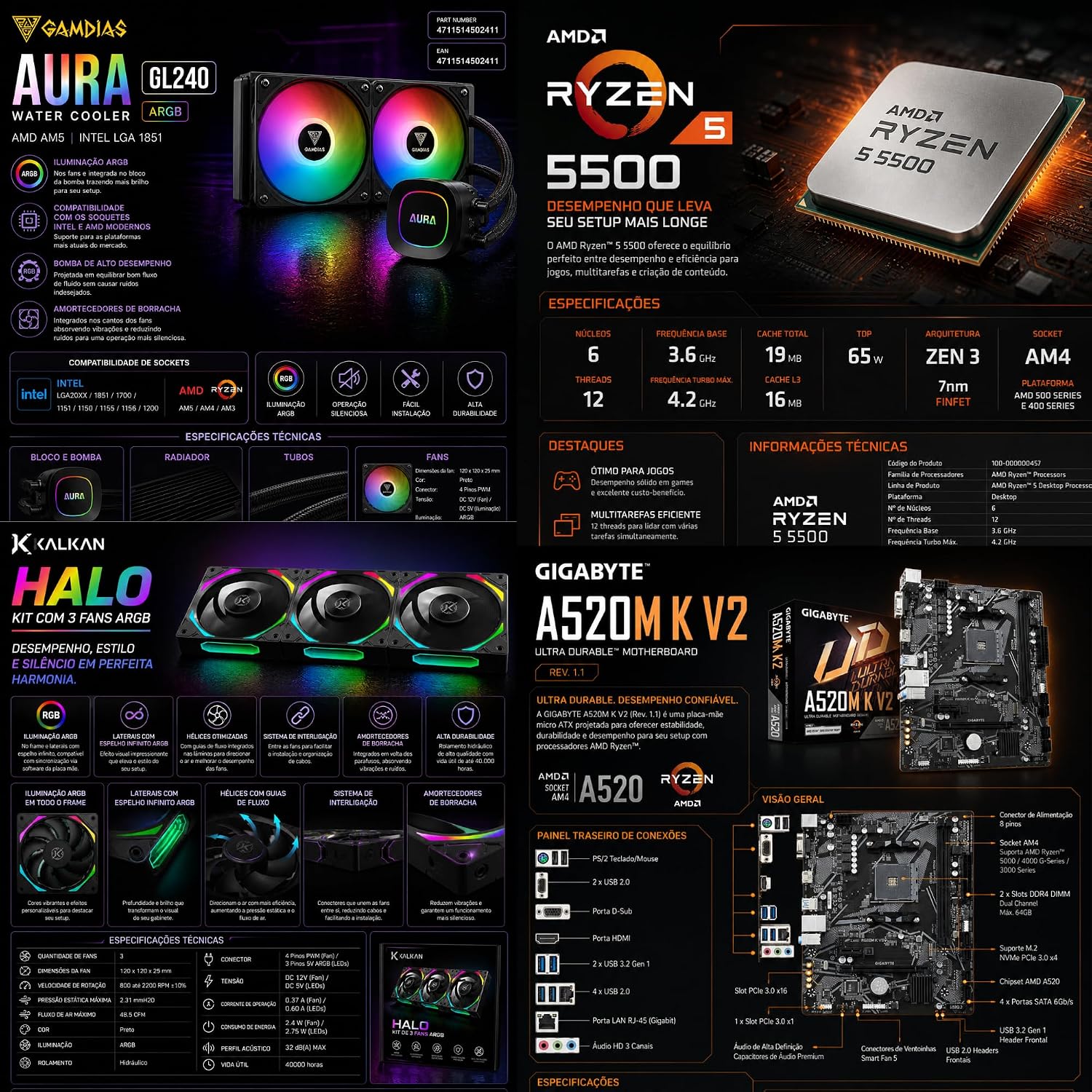 PC Gamer Infinity Glass RX 7600 8GB, Ryzen 5 5500, 16GB DDR4 3200MHz, SSD NVMe 1TB, Water Cooler 240mm, Fonte 600W 80 Plus Bronze PC Gamer Infinity Glass RX 7600 8GB, Ryzen 5 5500, 16GB DDR4 3200MHz, SSD NVMe 1TB, Water Cooler 240mm, Fonte 600W 80 Plus Bronze