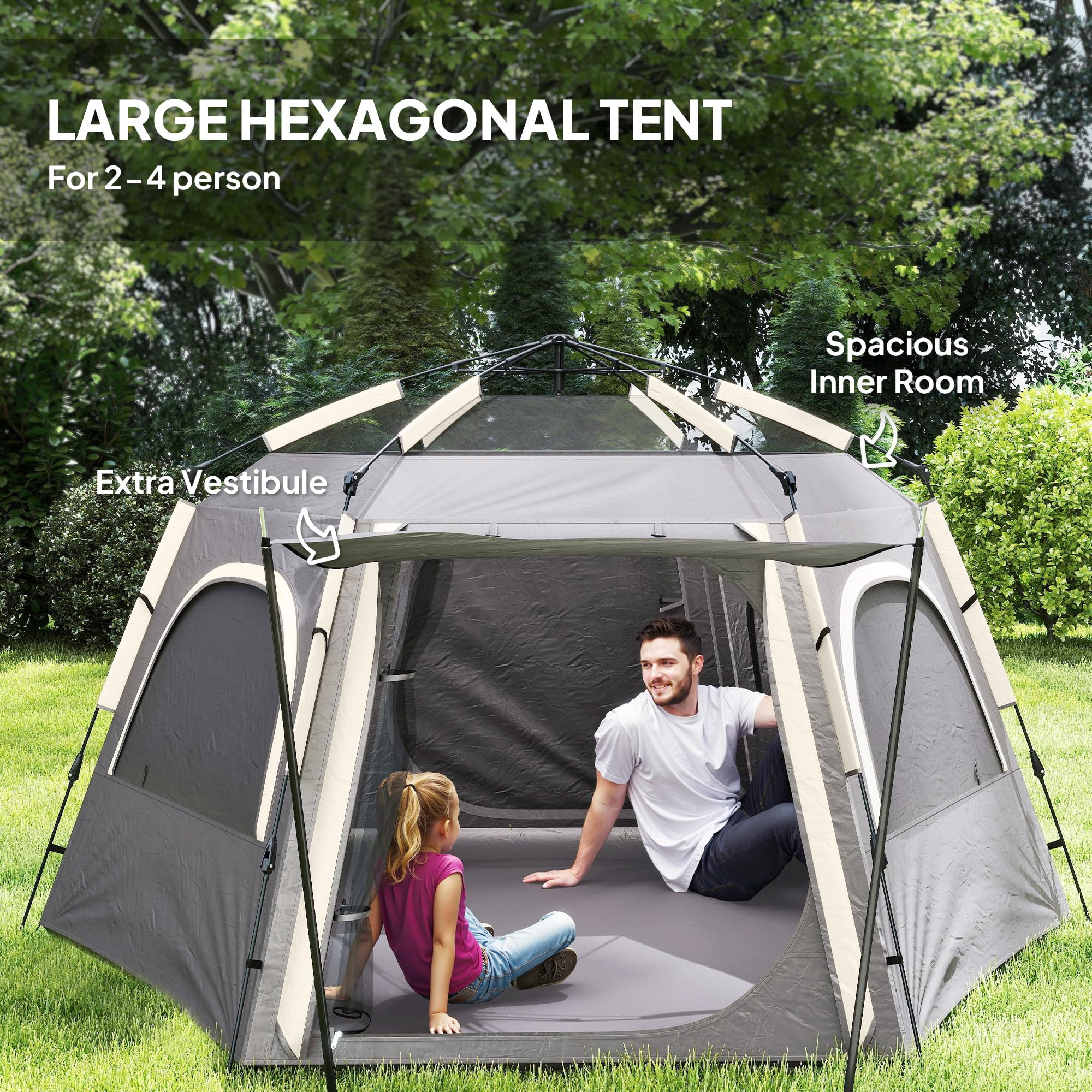 Outsunny Tienda de campaña instantánea para 2/3/4 personas, fácil instalación, tienda familiar con vestíbulo, lluvia, 4 ventanas de malla y 2 puertas, diseño hexagonal, tienda de campaña impermeable