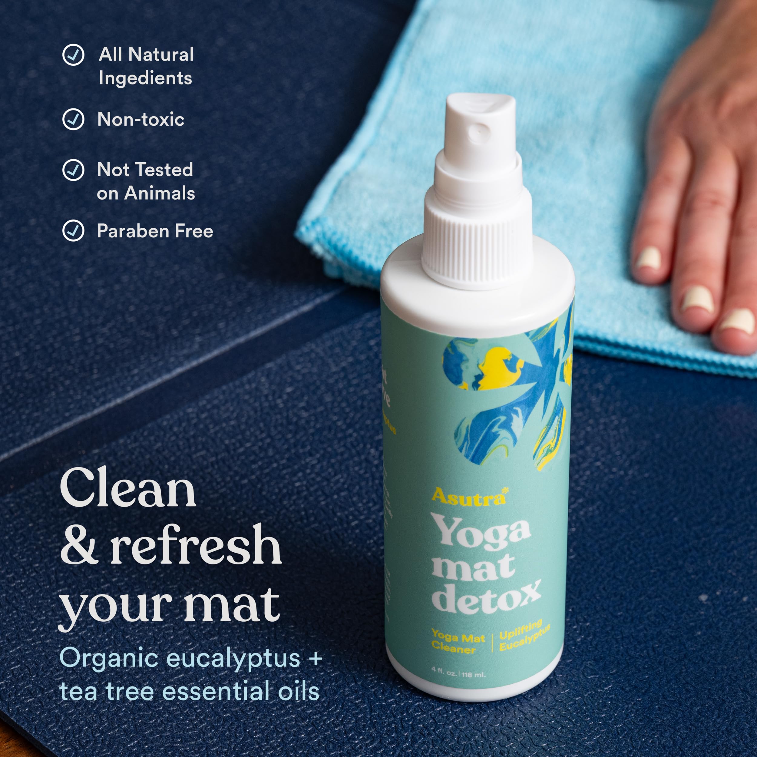 ASUTRA Yoga Mat Cleaner Spray (Uplifting Eucalyptus), 4 fl oz - No Slippery Residue, Organic Essential Oils, Deep-Cleansing for Fitness Gear & Gym Equipment, Microfiber Towel Included