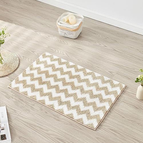 Miniatura 5 de Tapetes de baño de felpilla color beige con diseño de cheurón, antideslizantes, 48 x 24 pulgadas, tapetes de baño de microfibra lanuda y absorbente