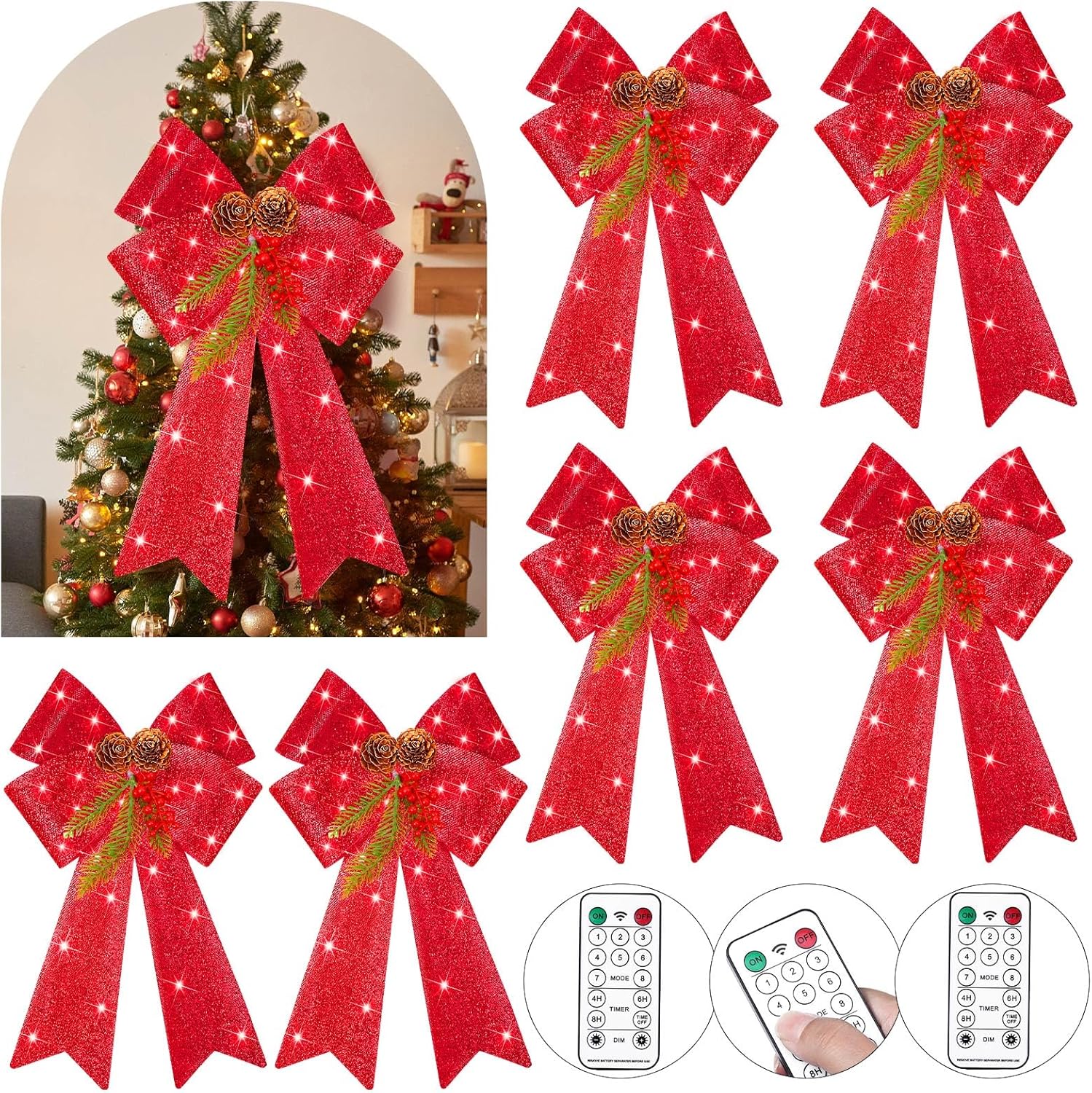 6 Pcs Pre Lit Christmas Bow Decoration Christmas Wreath Bows LED Xmas Bows with Timer Big Red Bow Lighted Christmas Tree Toppers for Indoor Outdoor Holiday Decor, 8 Light Functions (Pine Cone)