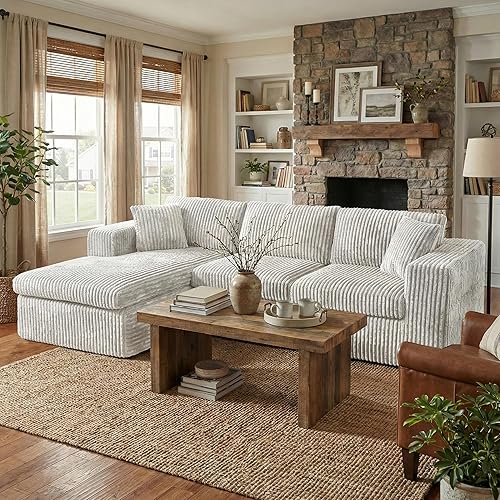 Shintenchi 105" Modular Sectional Sofa, Boneless L Shaped Couch with Deep Seat, Cloud Foam Couch with Oversized Chaise, Plush Corduroy Sofa No Assembly Needed for Living Room, Beige