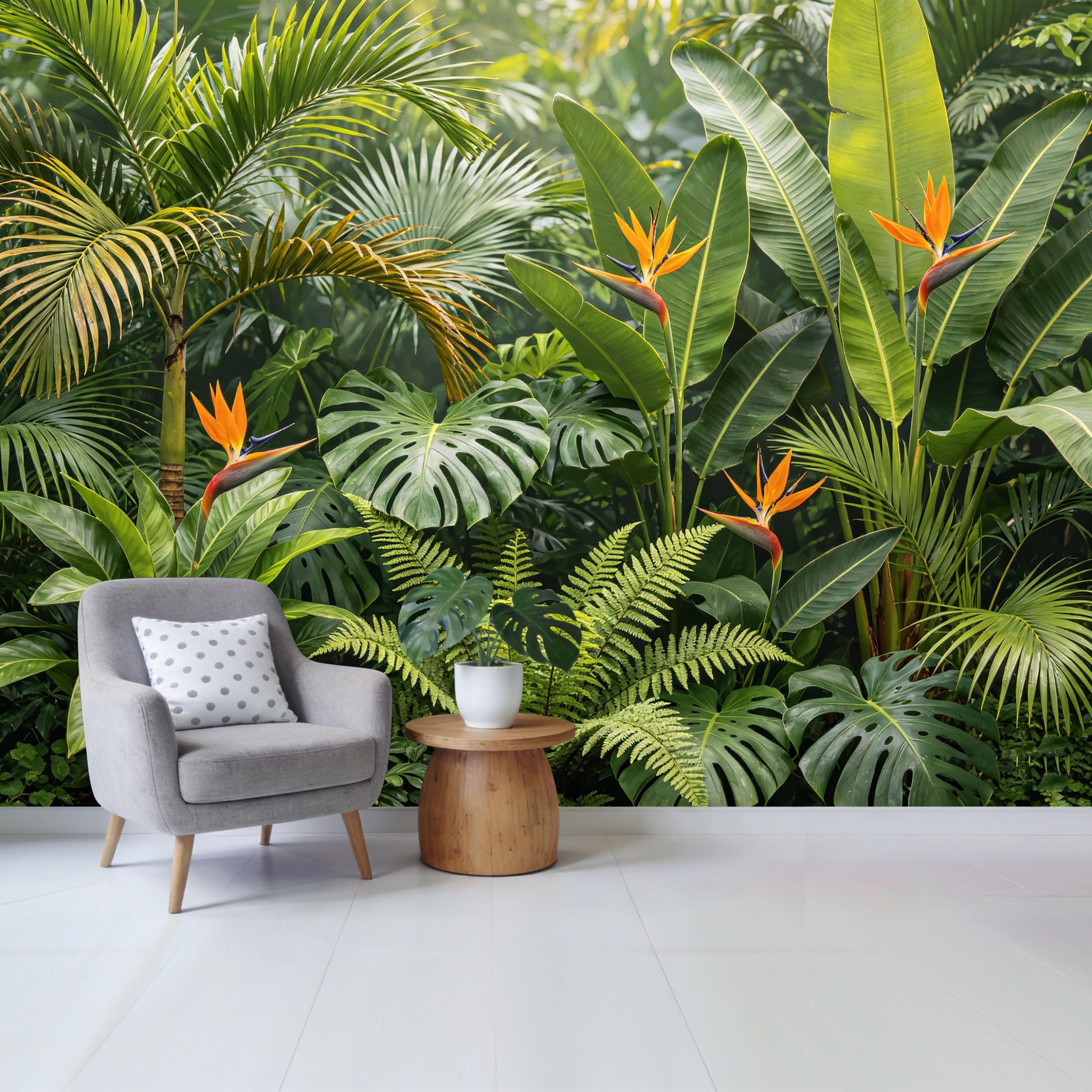 Qzlithotic Yq2605250214 Custom Size Wall Mural Tropical Bird Of Paradise Flower Lush Palm Leaf Botanical Jungle Pattern Selfadhesive Wall Fabric Removable Wallpaper For Home Office Decor