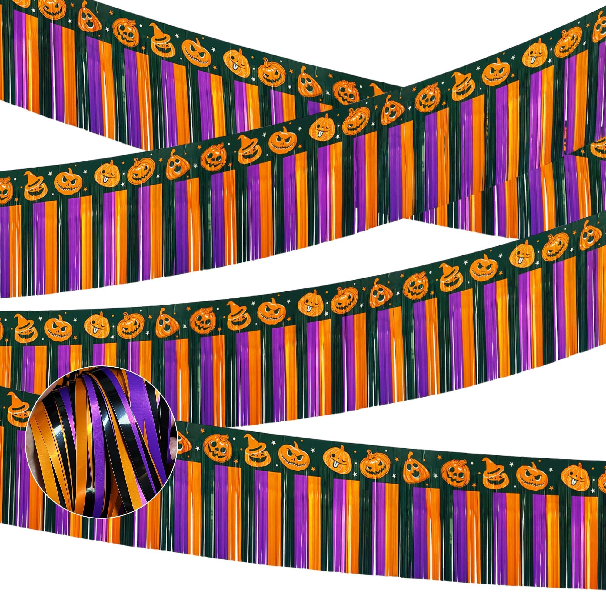 4 Pack 39Ft Halloween Parade Floats for Trailer Car, Pumpkin Foil Fringe Garland Tinsel Streamers Banner Table Skirts for Graduation Homecoming Birthday Halloween Party (Pumpkin)