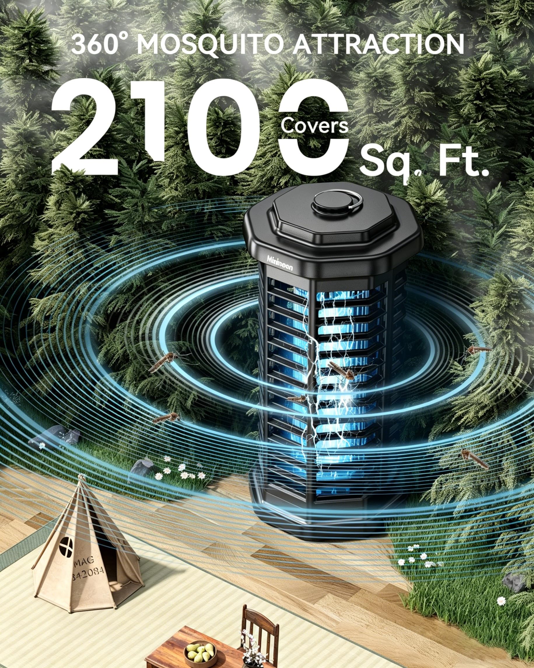 Minimoon Bug Zapper Outdoor 4000 V Potężny elektryczny zapłon na komary, 15 W, do użytku na zewnątrz, IPX4, z kablem do wewnątrz, na patio, na kemping