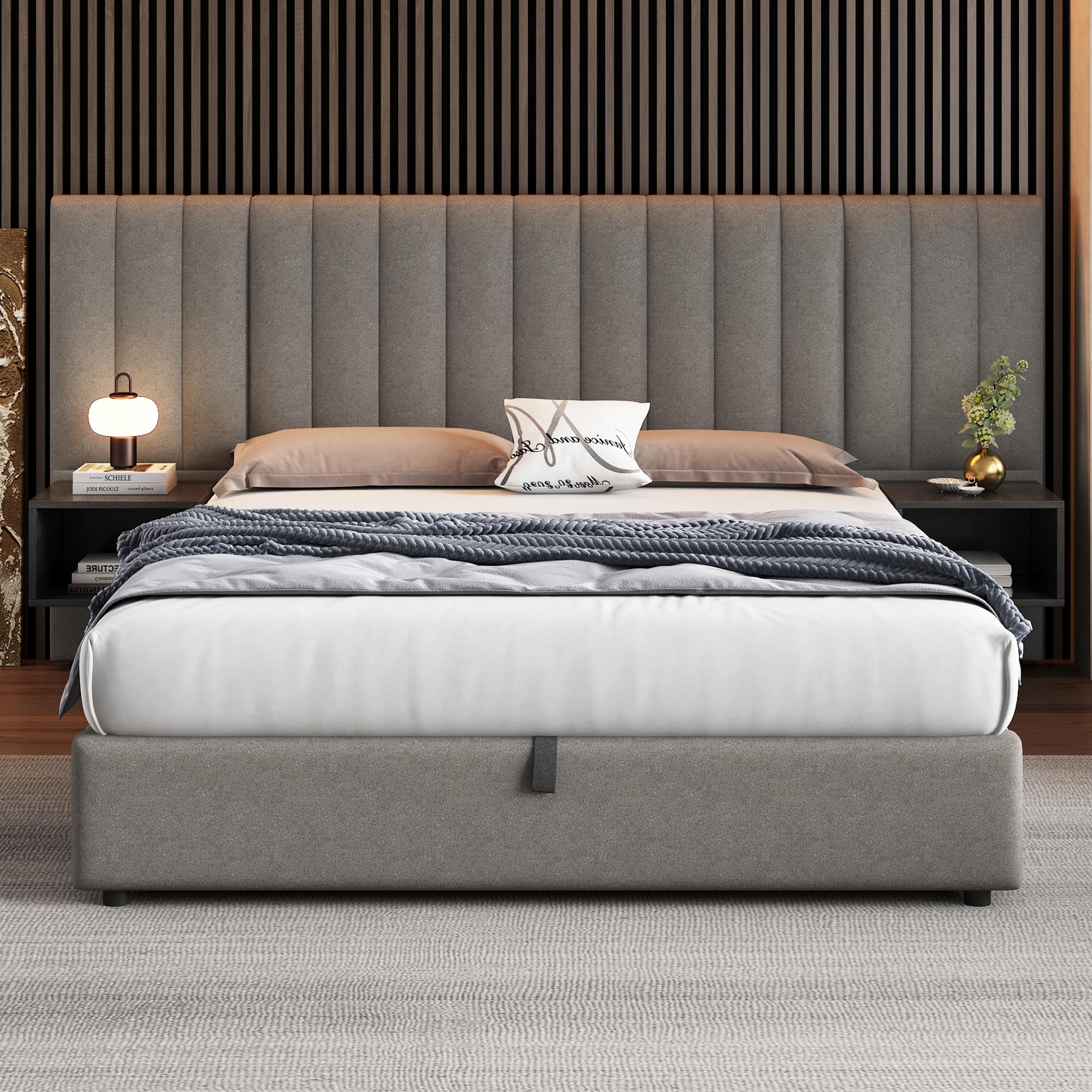 Cama acolchada de 160 x 200 cm, cama hidráulica de patas anchas, cama de matrimonio con dos mesitas de noche con contenedor, somier de láminas de madera, lino, apto para adultos y jóvenes, gris