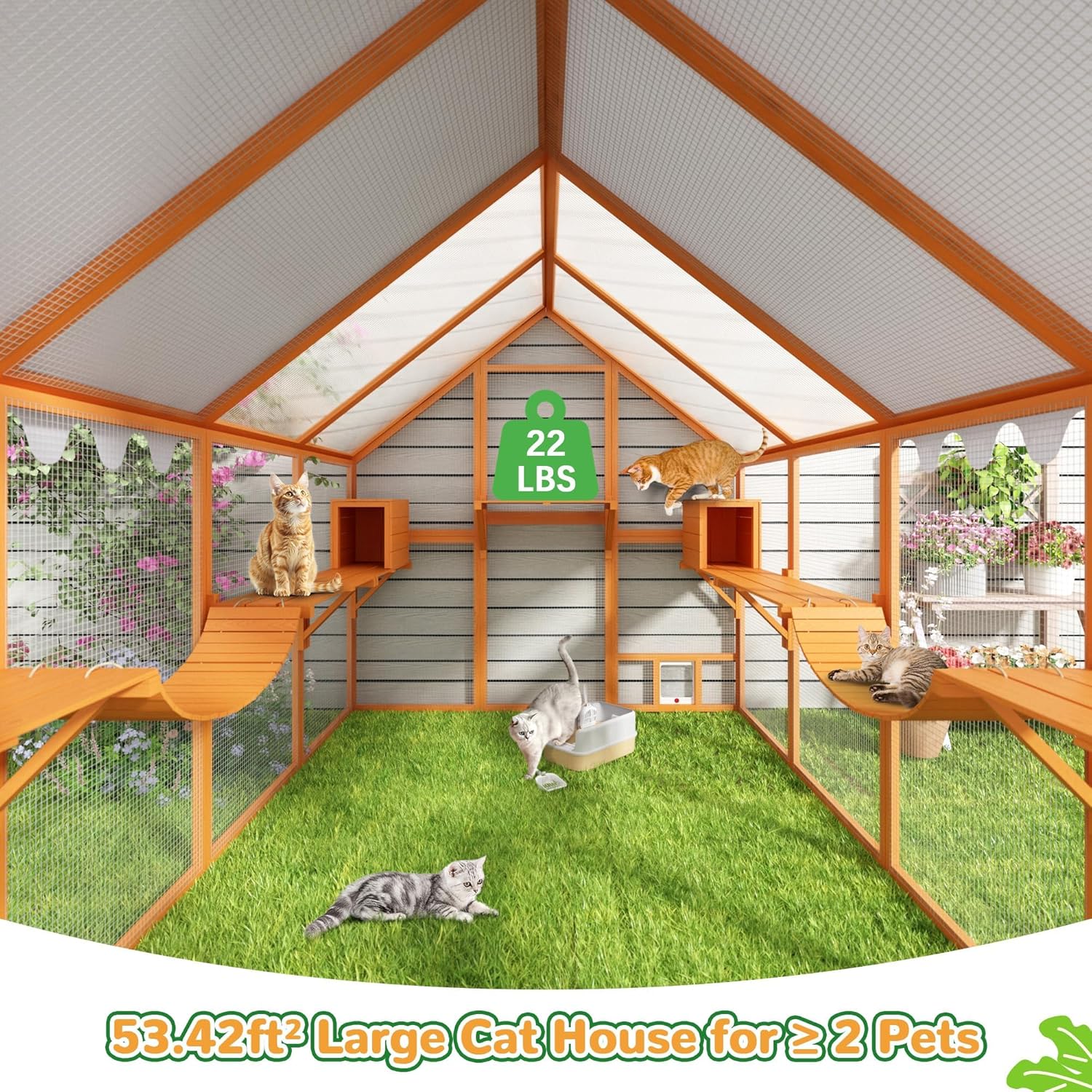 Interior view of the COZIWOW catio showing multiple cats on platforms and ramps