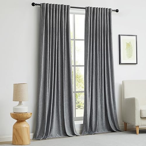 Miniatura 7 de GIGIZAZA Cortinas de terciopelo gris de 96 pulgadas de largo para sala de estar, 2 paneles de cortinas bohemias de lujo con estampado de flores en