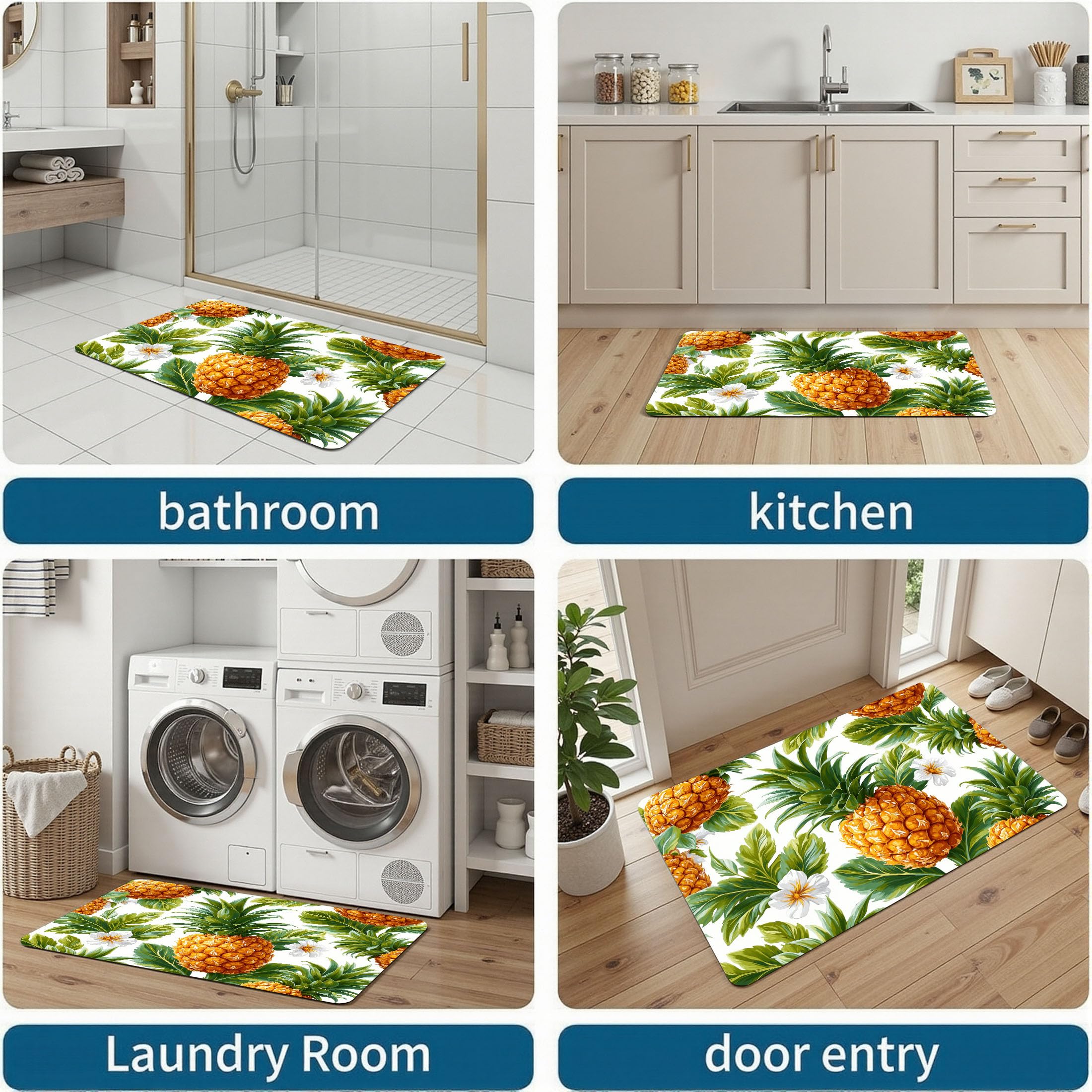 Paillasson de intérieur Antidérapant, Tapis de Tropical Charme, Tapis Salle de Bain Flanelle Douce, Absorbant l'eau, pour Cuisine (Ananas Plantes Et Fleurs, 80x120cm