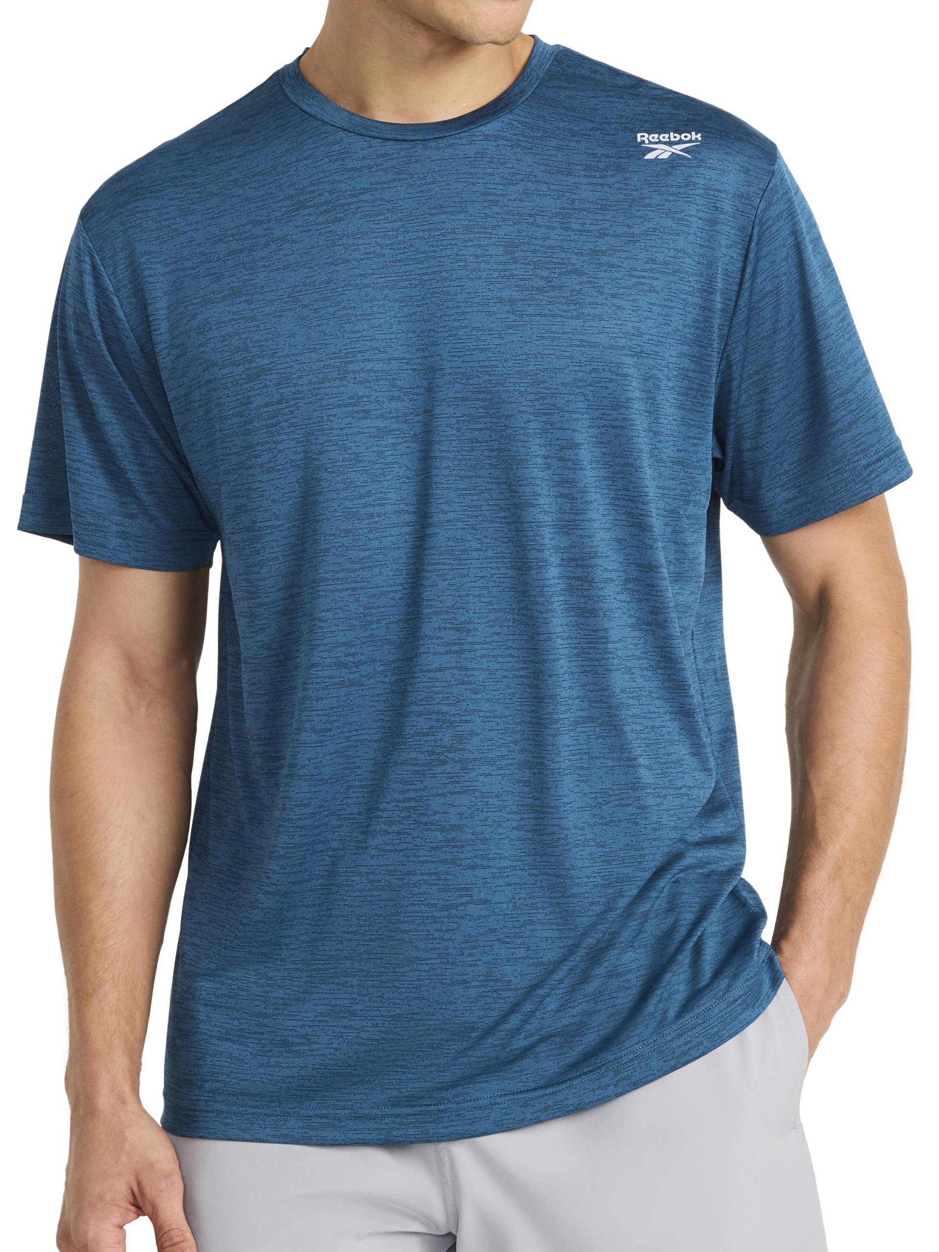Reebok Mens Dash Short Sleeve Crewneck T-Shirt, Standard Fit, Breathable Stretch Fabric, Majolica Blue Heather, S
