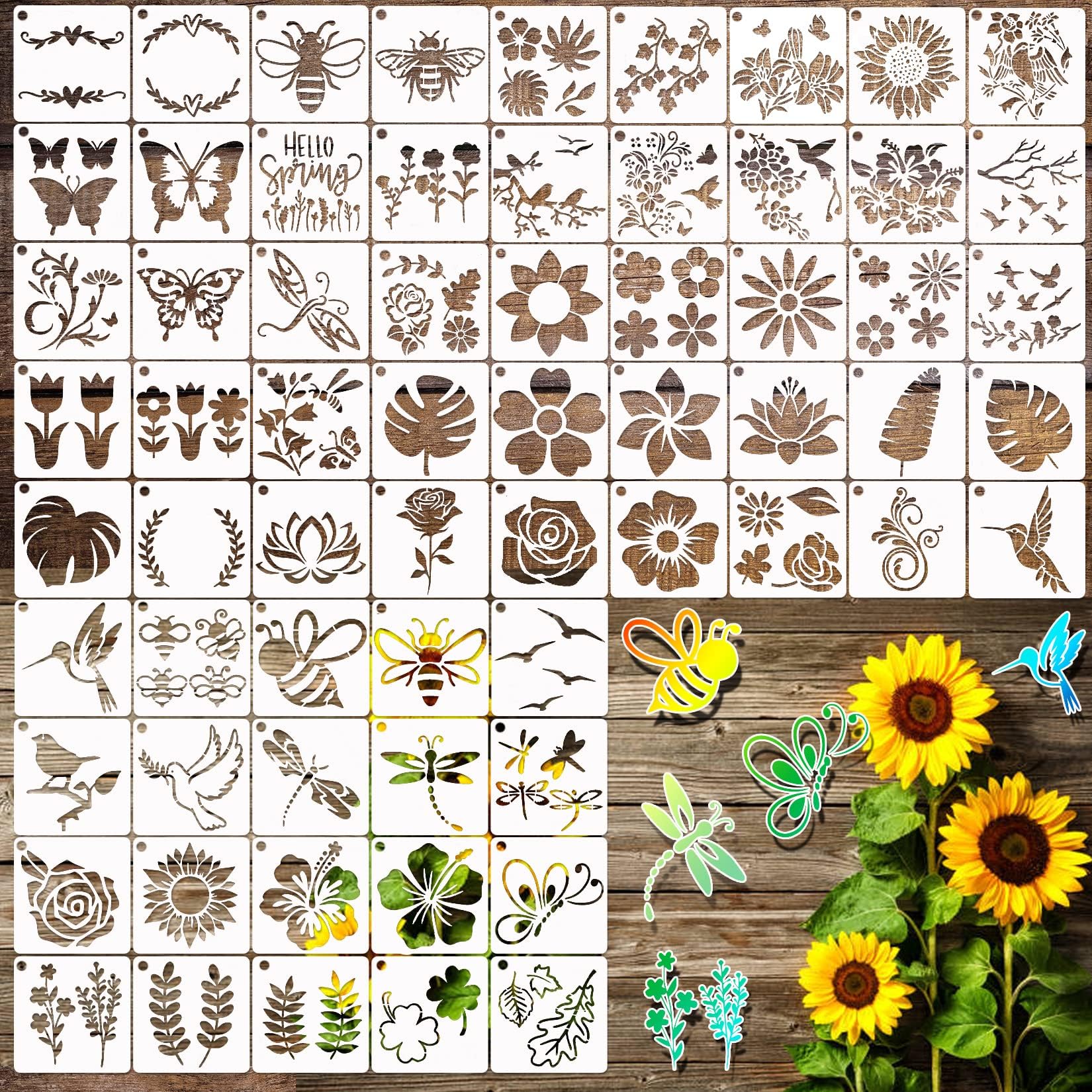 65Pcs Small Stencils for Painting on Wood Burning Reusable, 3 Inch Reusable Stencil for Craft Ornament Paint Template Stencils for Wall Card Rock Wood Signs Coasters Canvas Home Decor (Flower)