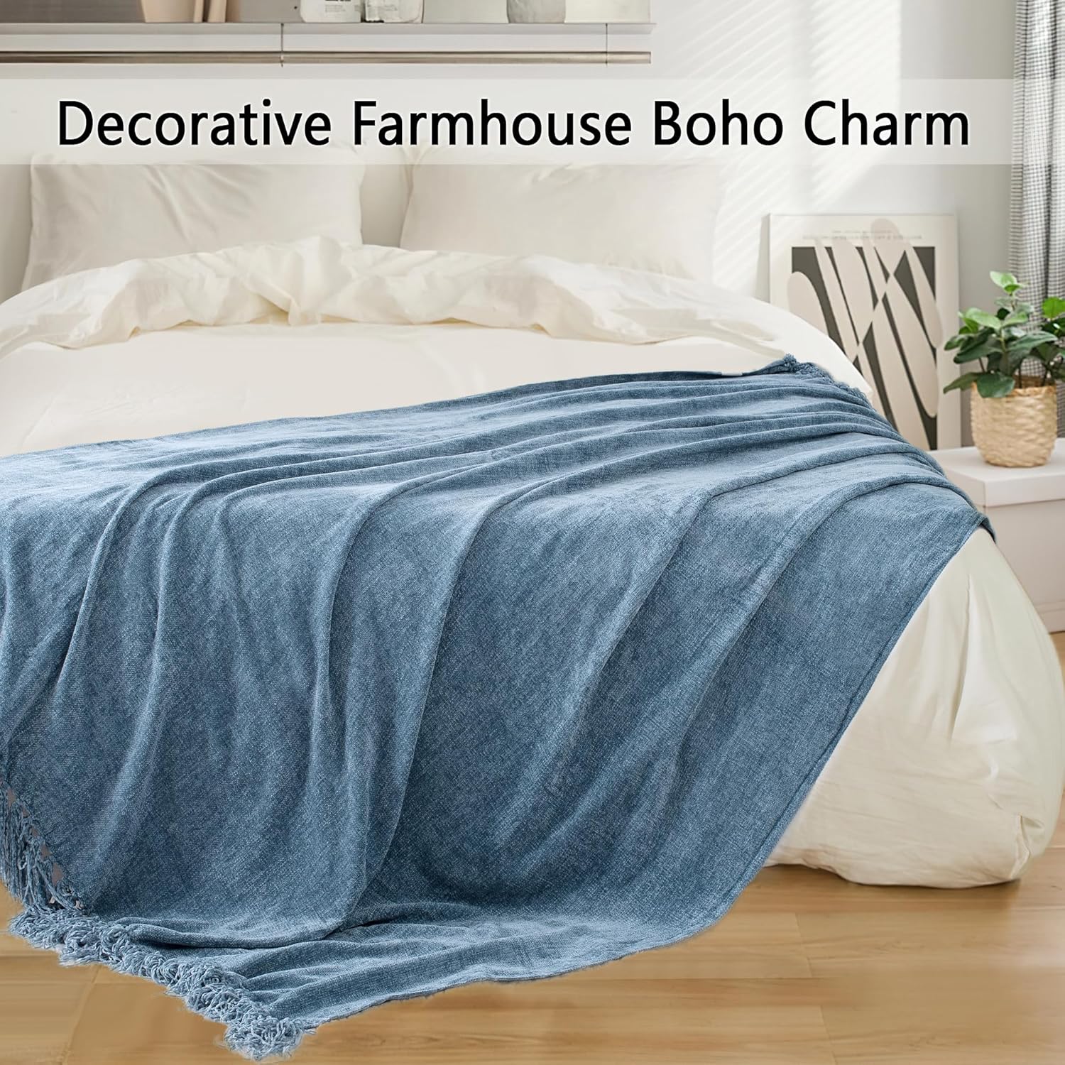 Chenille Throw Blanket for Couch 50"X 60", Soft Cozy Throws with Fringe Tassel for Bed Sofa Chair Cover, Lightweight Knitted Decorative Boho Blankets for Living Room, Dusty Blue - Image 5