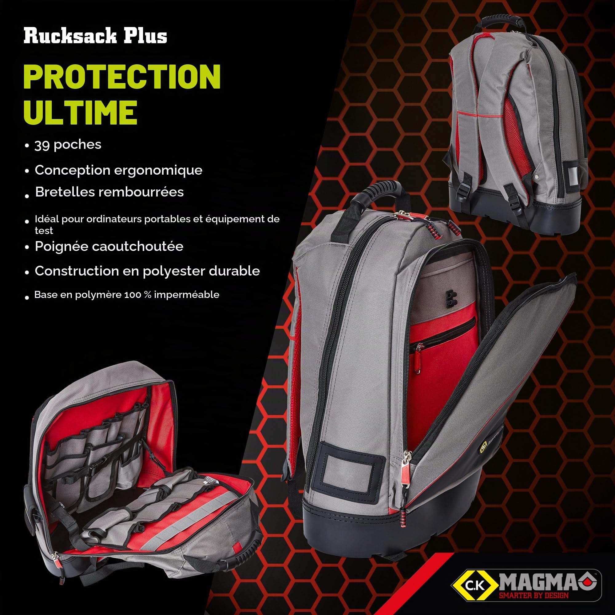 C.K Magma Tool Bag Backpack, Heavy Duty Technician's Rucksack Plus, Electrician Tool Bags 39 Pockets, Electricians Tool Box, Storage Back Pack Toolbox, Work Backpacks, Toolbag, MA2635 by CK Tools
