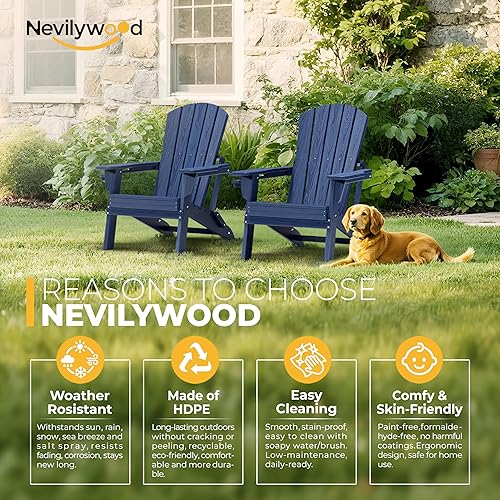 Miniatura 4 de nevilywood Silla Adirondack plegable, respaldo ergonómico extendido, portavasos, fácil montaje, plástico HDPE duradero, resistente a la intemperie y