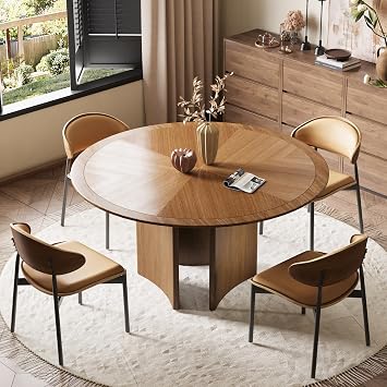 Round Dining Table for 4-6 People, Modern Wood Kitchen Table with Round Solid Wood Veneer Top, Ideal for Living Room, Apartment, or Casual Coffee Table, Walnut, 59.05"