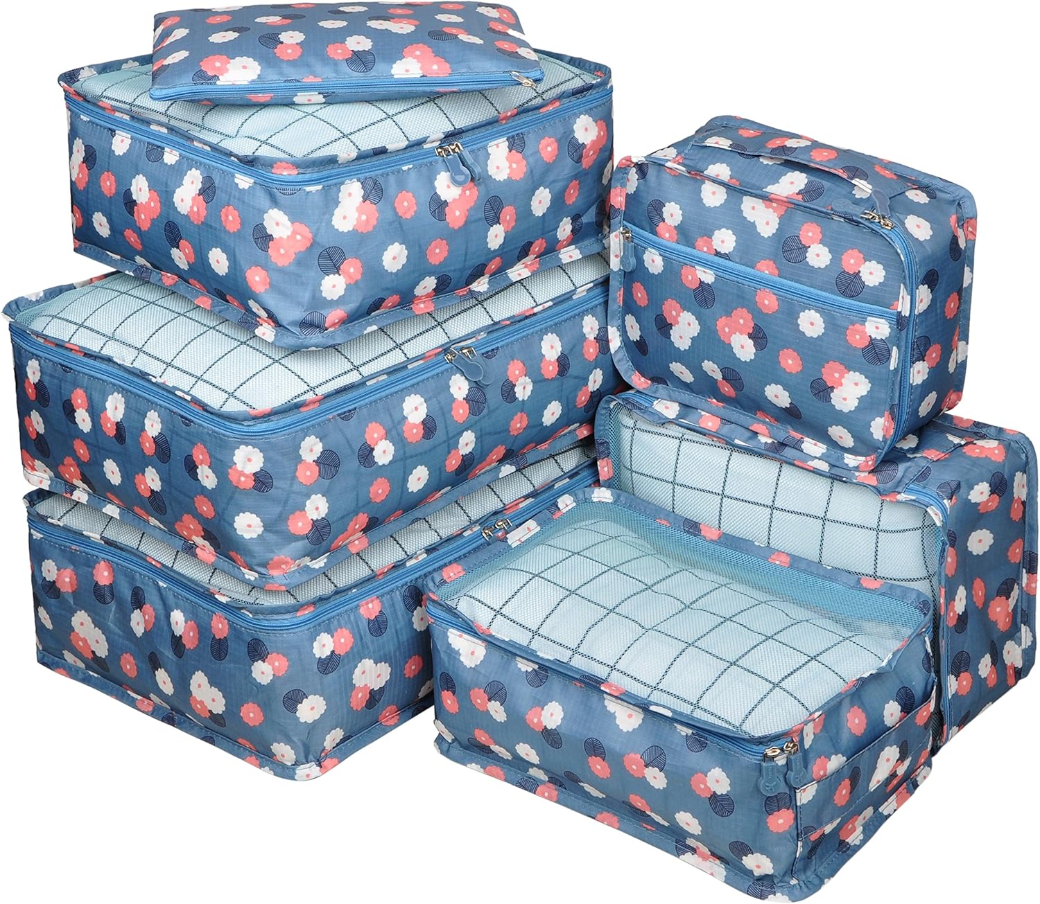 Vercord 7 Set Travel Packing Organizers Cubes Luggage Suitcase Organizer Bags Clothes Underwear Cube Shoe Pouch Pack Blue Flower - Image 2