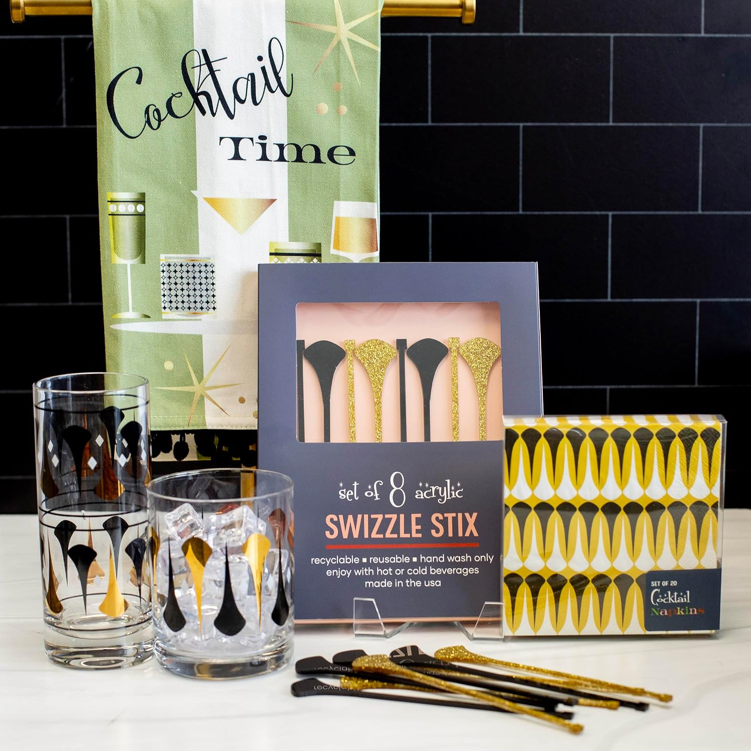 Black and Gold Mid Century Modern Cocktail Napkins, Summer Wedding Retro Barware, Vintage Paper Beverage Napkins, Set of 20 in Clear Box for Host or Housewarming by MODLOUNGE paper company image 4