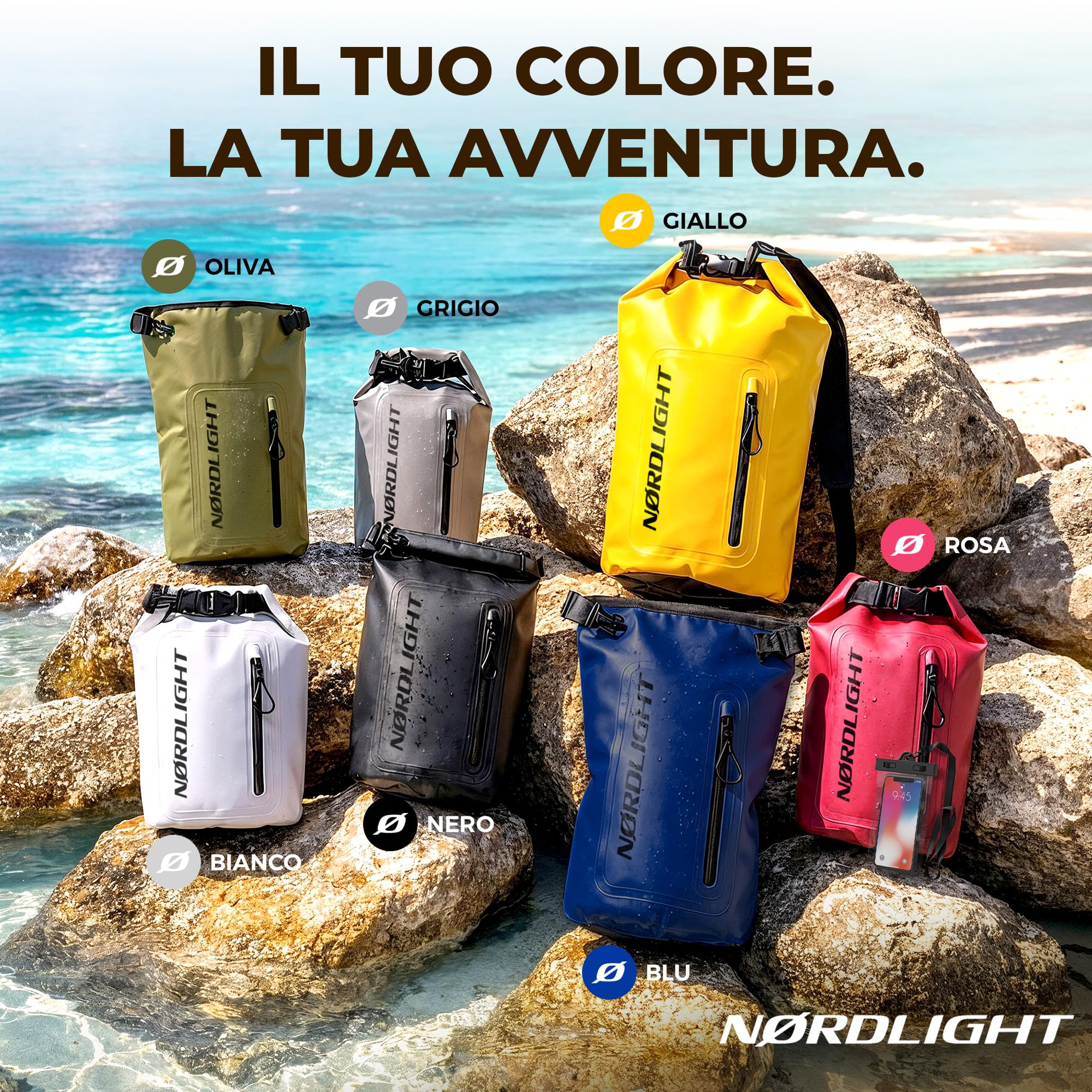 Nordlight Dry Bag Sacca Impermeabile + Custodia per Cellulare + Chiusura Arrotolabile, Tracolla | Zaino Impermeabile Sacca Stagna Borsa | Spiaggia, Canoa, SUP, Immersioni - Verde Oliva, 10 Litri