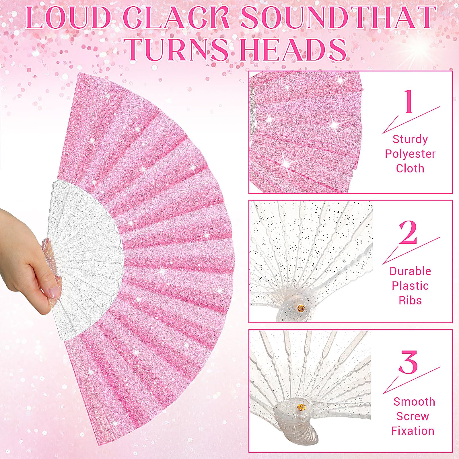Chuangdi Glitzer-Rave-Fächer für Line Dance Loud Clack Faltbare Handfächer Organzabeutel Konzerte EDM Bachelorette
