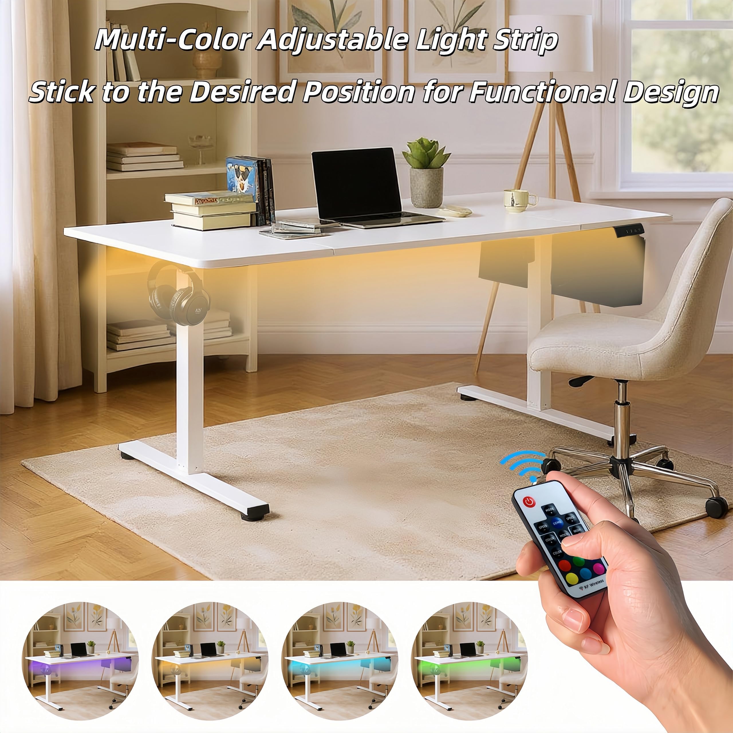 Höhenverstellbarer Schreibtisch 160x75cm,Elektrisch Gaming Tisch mit Lichtleiste,USB,Tasche und Haken,2 Memory Funktion,Ergonomischer Elektrischer Stehschreibtisch für Homeoffice lernbüro,Weiß