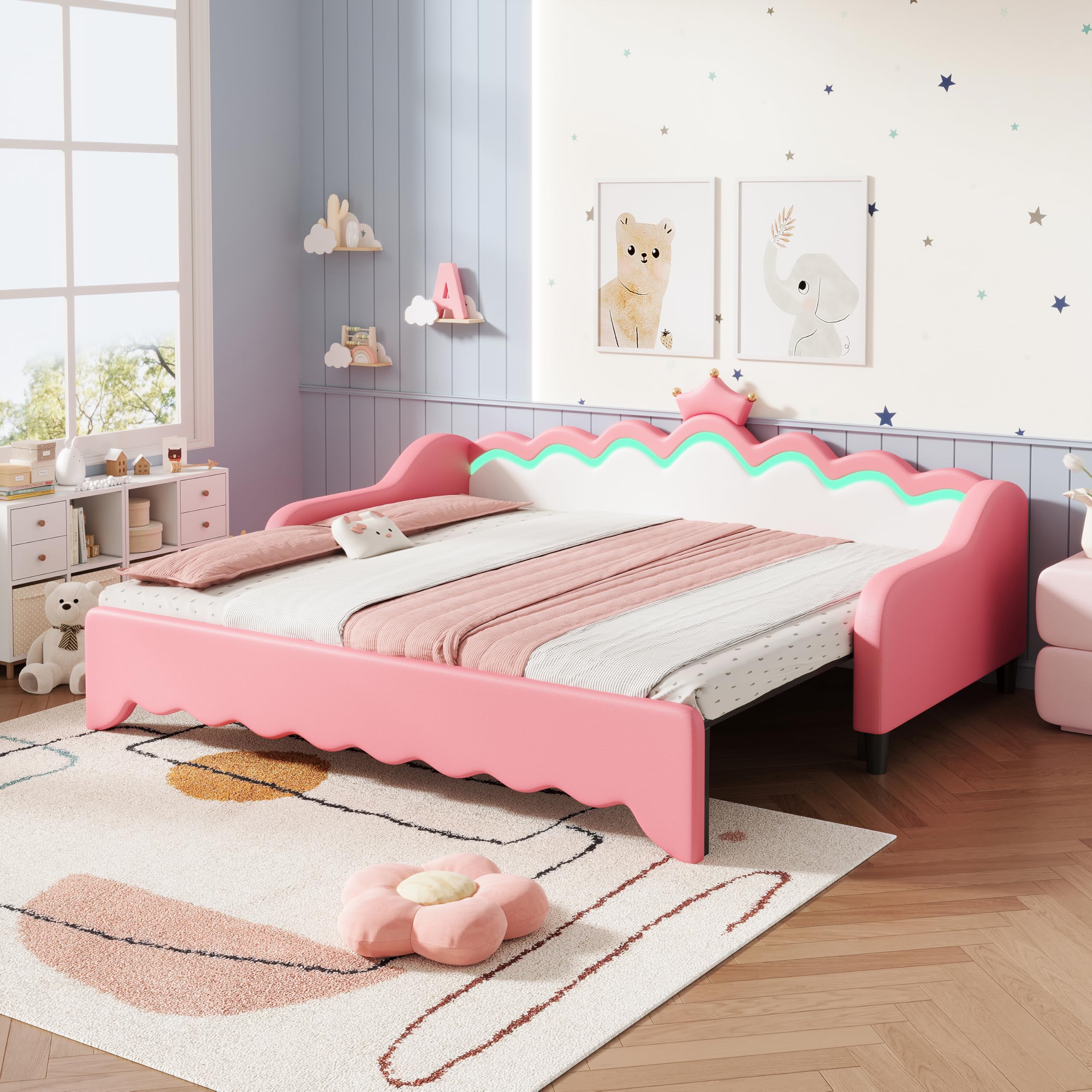 Ball & Cast 3ft Single Daybed with Trundle, LED Crown Headboard Sofa Bed Frame, PU Leather Upholstered Day Bed with Solid Wood Slats, Pull Out Guest Bed, Cream White & Pink (No Mattress)