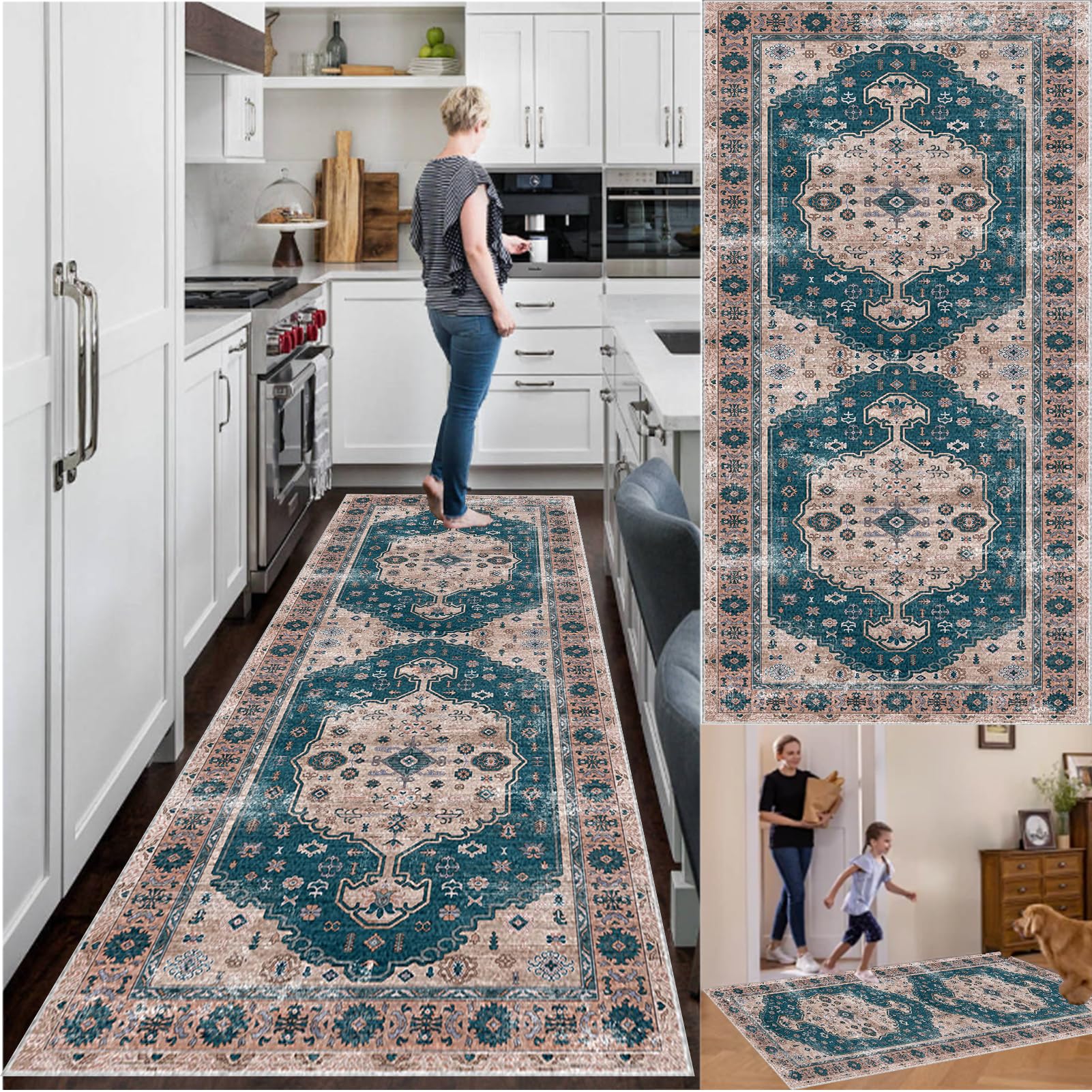 Teppich Läufer Flur Küchenteppich Waschbar rutschfest Küchenläufer 120 x 450 cm Küche Teppich Läufer Fußmatte Teppichläufer Flurteppich für Eingang Flur Küche Schlafzimmer Wohnzimmer Teppiche Runner